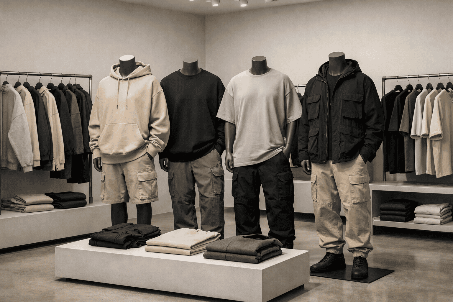 Modern streetwear clothing collection displayed in a clean showroom, including hoodies, t-shirts, sweatshirts and pants, minimalist layout, neutral colors, professional lighting, high-end apparel presentation, ultra realistic