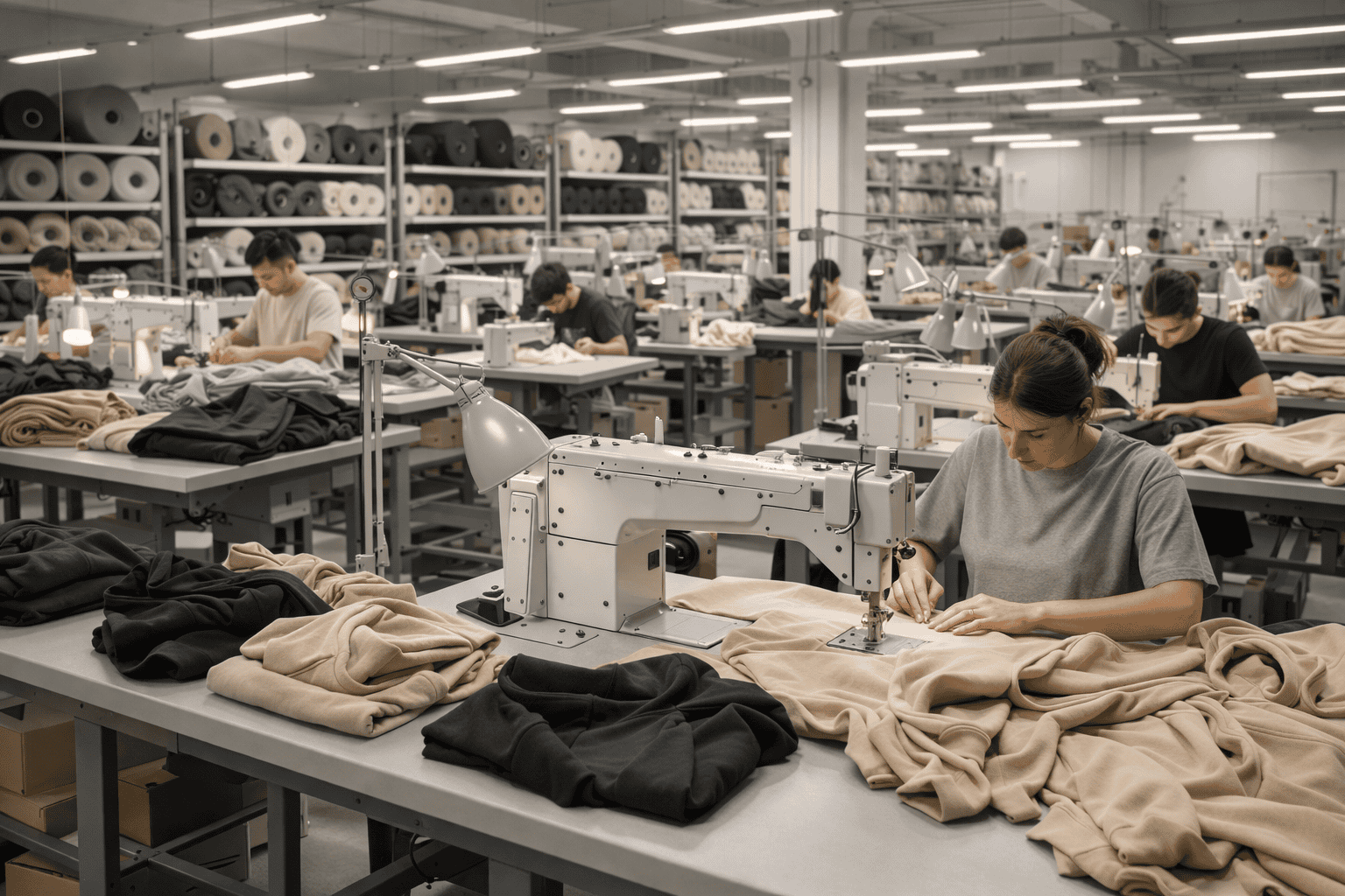 Garment factory production line with workers sewing hoodies and t-shirts, clean environment, fabric rolls, industrial machines, bright lighting, realistic manufacturing scene
