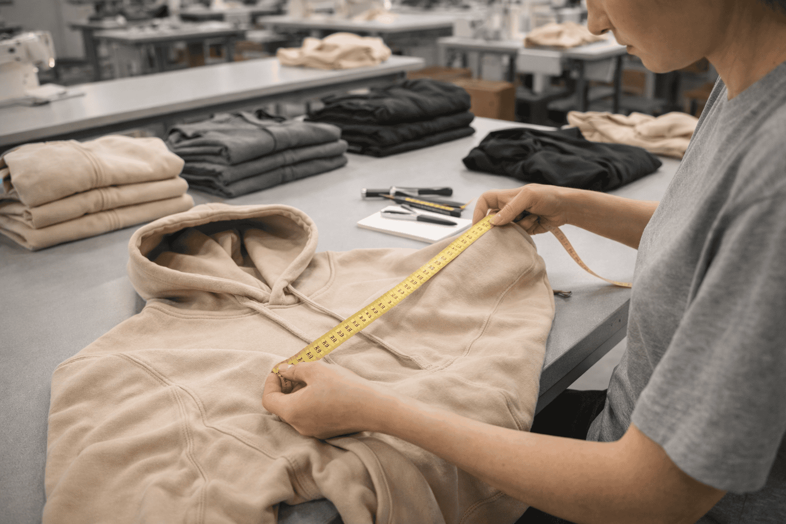 Clothing quality control inspection process, worker checking hoodie stitching with measuring tape, folded garments on table, clean factory environment, high detail, professional QC scene