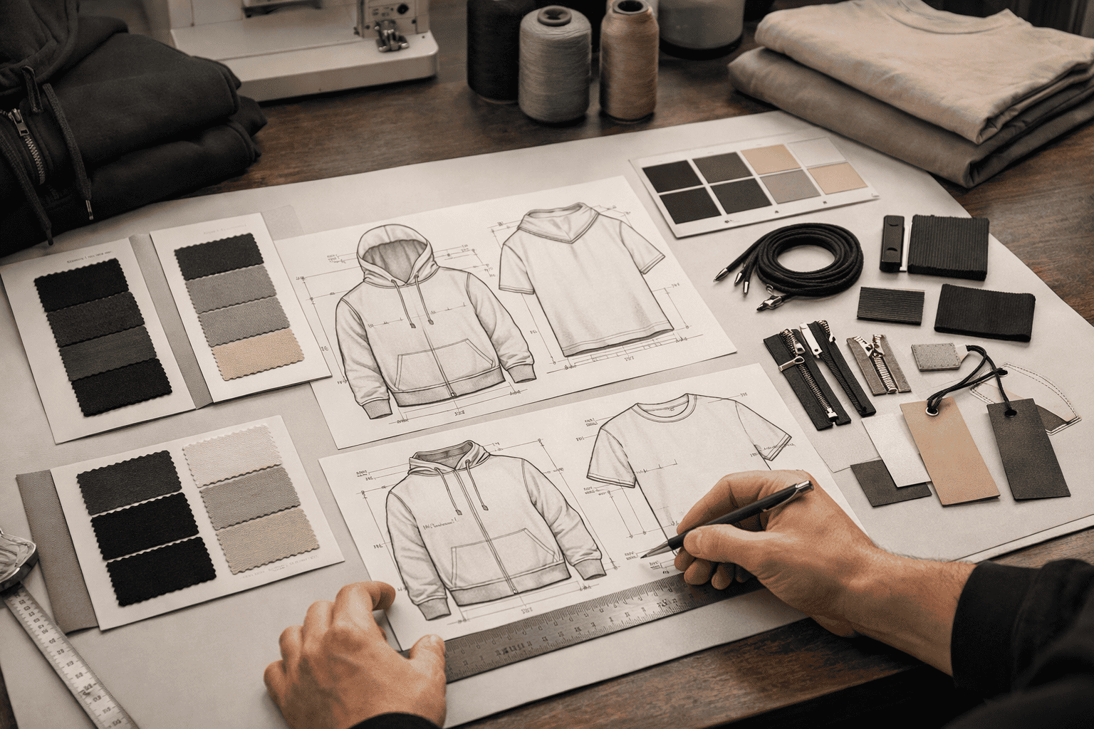 Streetwear clothing sample development process with tech pack, fabric swatches, trims, and labels in a modern apparel studio