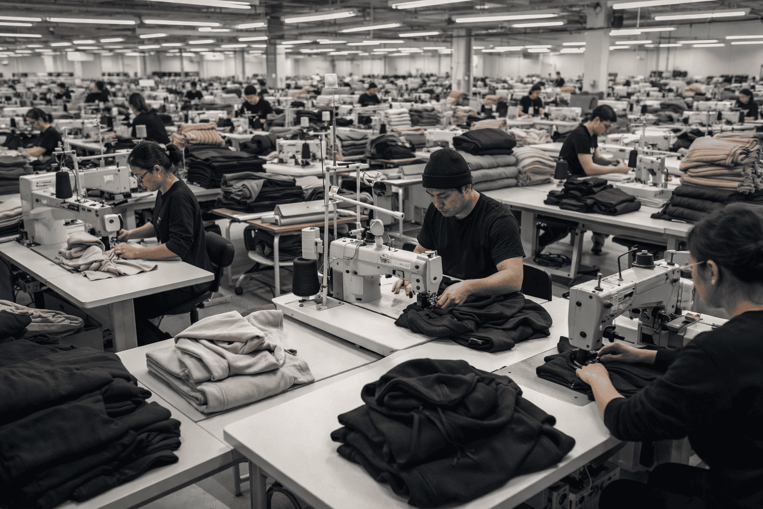 Modern streetwear garment factory production line with workers sewing hoodies, t-shirts, and sweatshirts