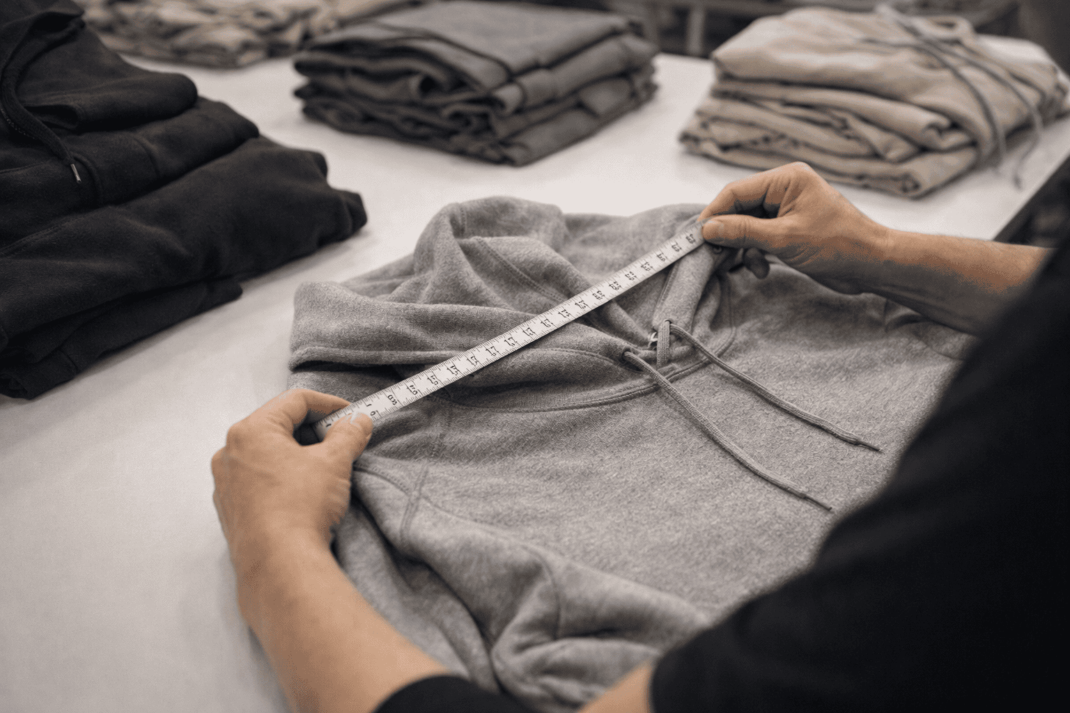 Close-up of clothing quality control inspection, checking hoodie stitching, measurements, and fabric details
