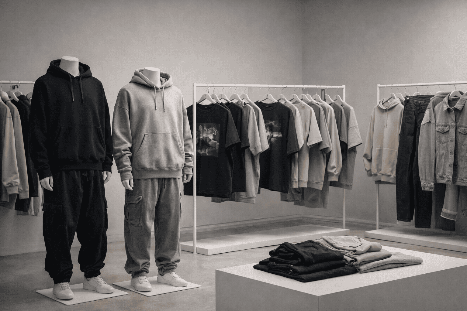 Streetwear clothing collection with hoodies, t-shirts, jackets, pants, shorts, denim, and matching sets in a minimalist showroom