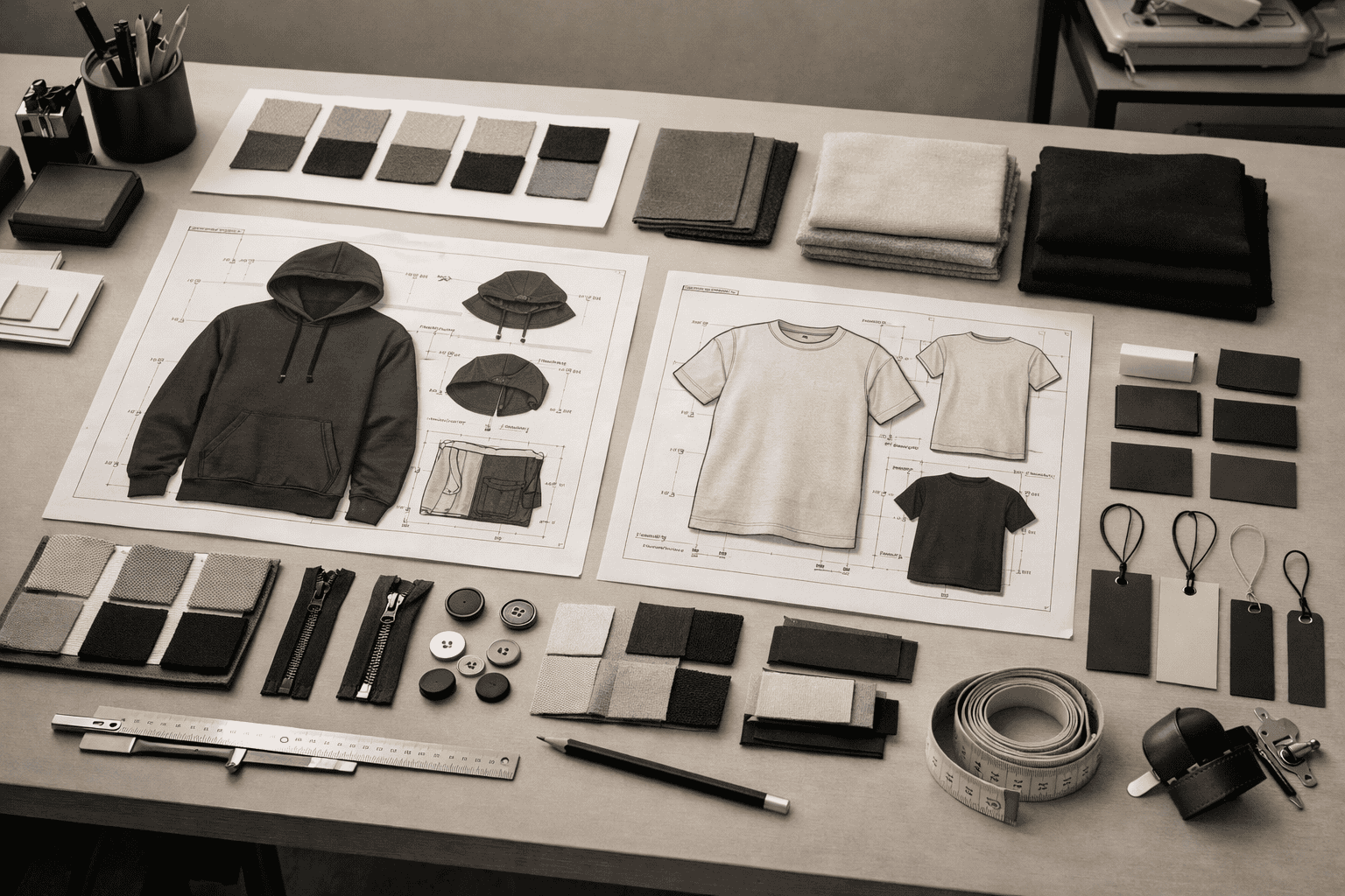 Streetwear clothing development process with tech pack, fabric swatches, trims and labels in a modern design studio