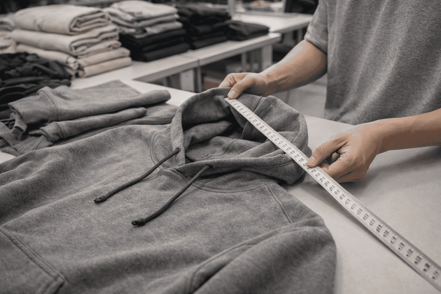 Clothing quality control inspection process checking stitching and measurements