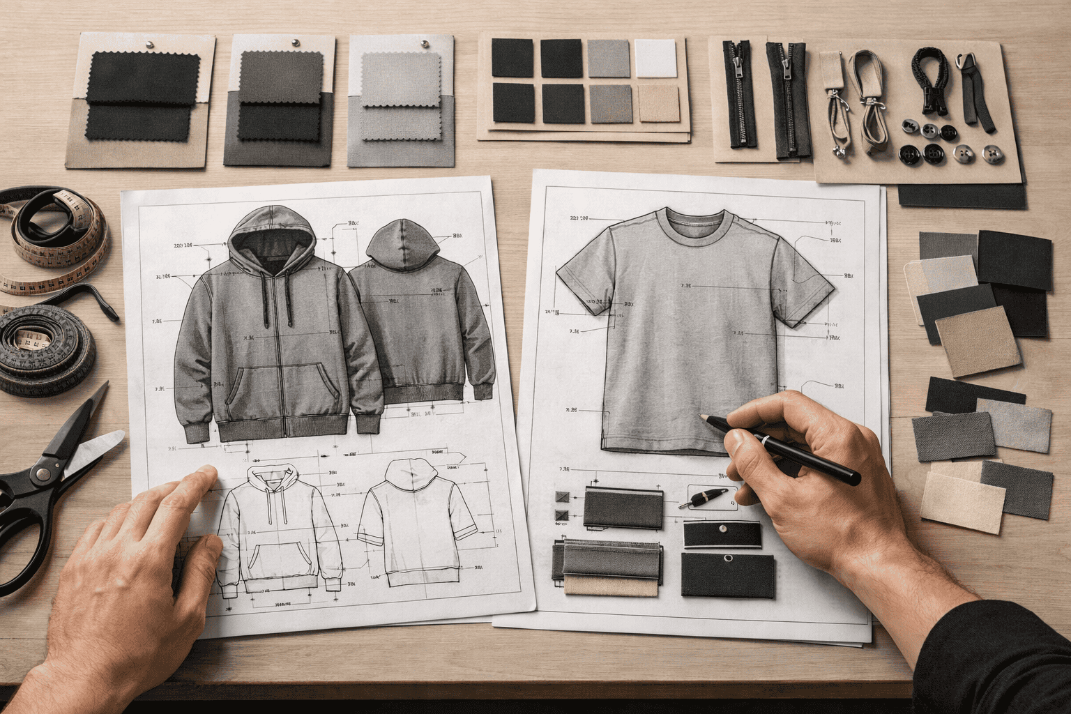 Streetwear clothing development process with tech pack, fabric swatches, trims and labels in a modern apparel studio
