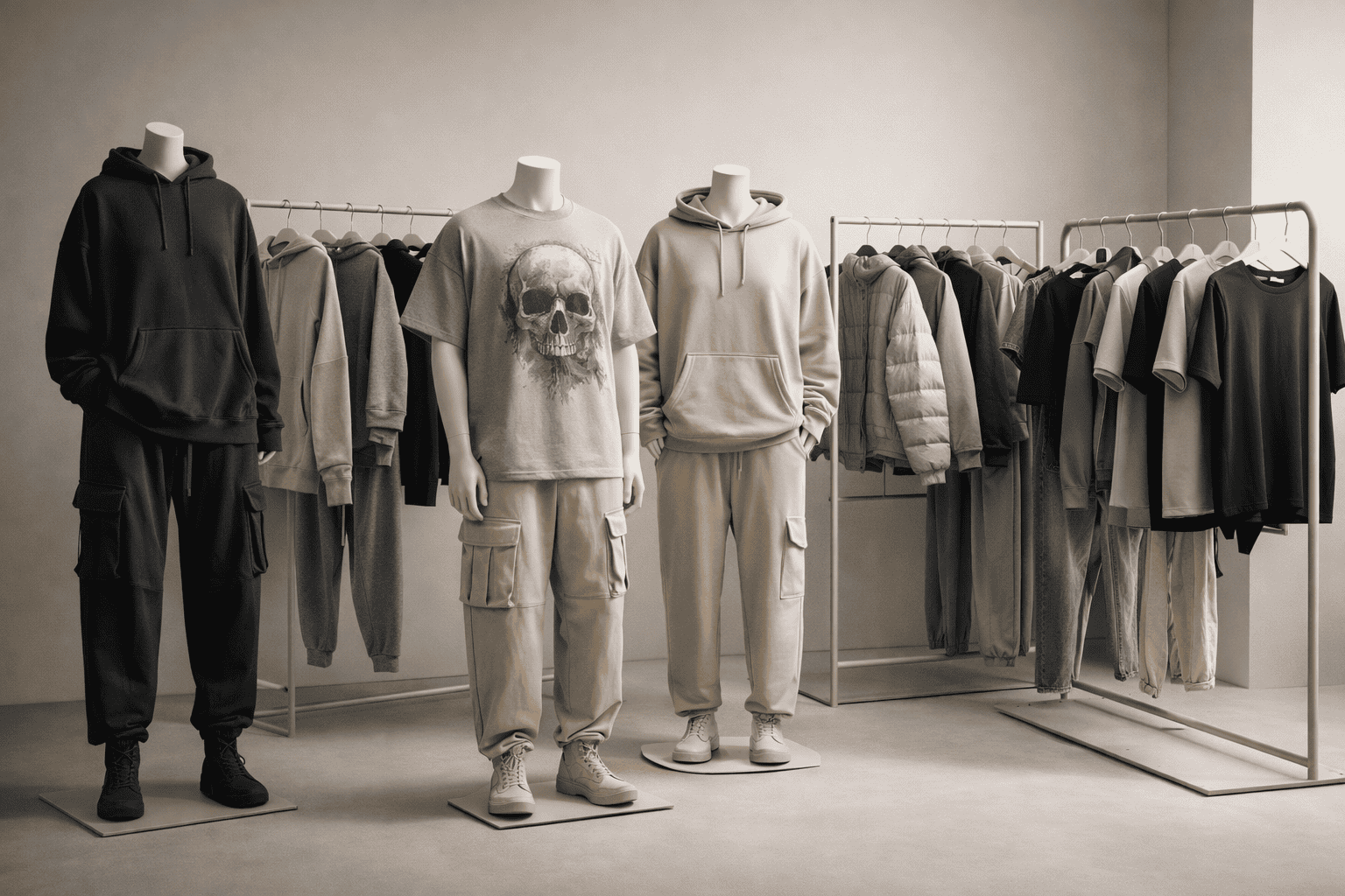 Streetwear clothing collection including hoodies, t-shirts, jackets, pants, denim and matching sets