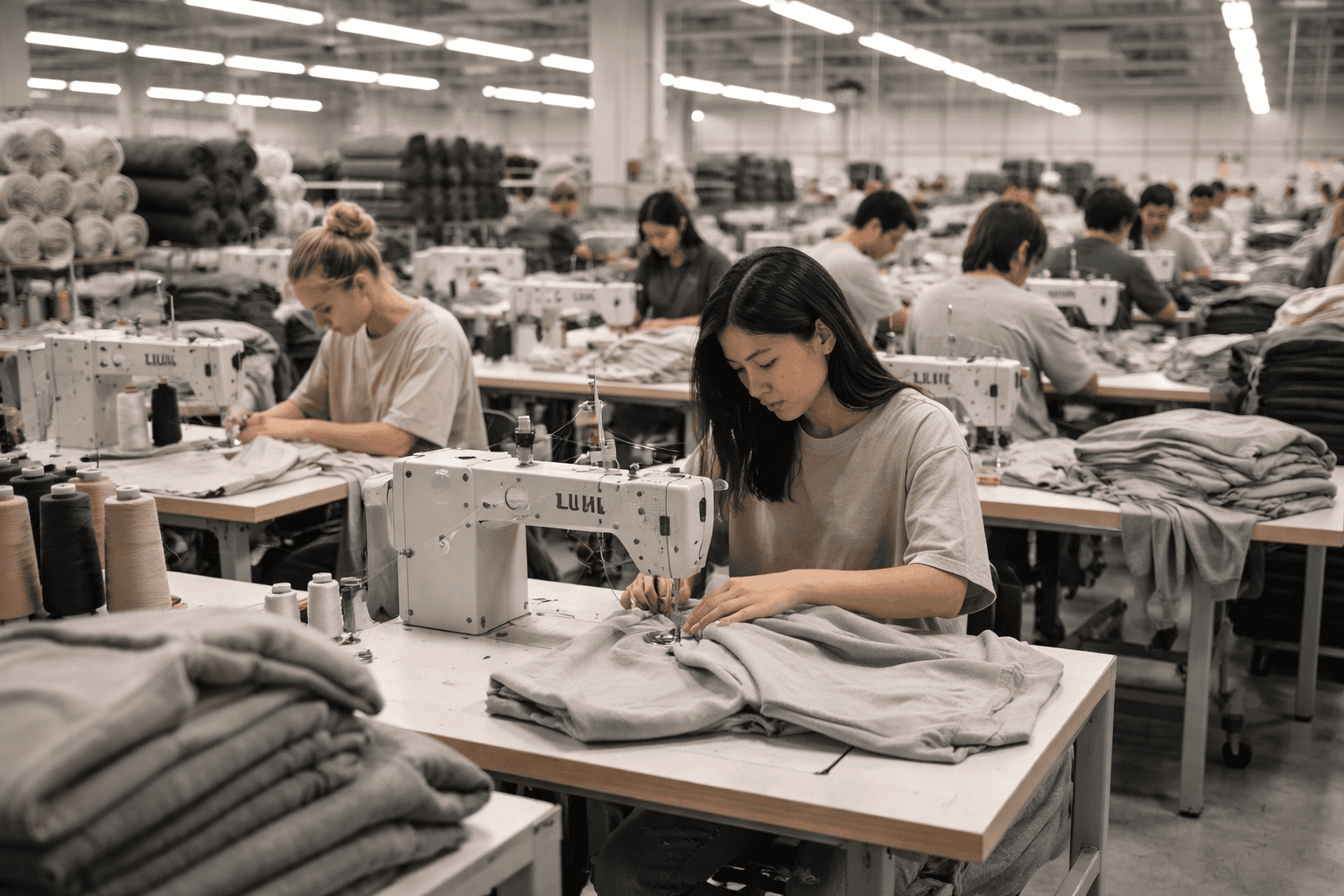 Streetwear garment factory production line with workers sewing hoodies and t-shirts