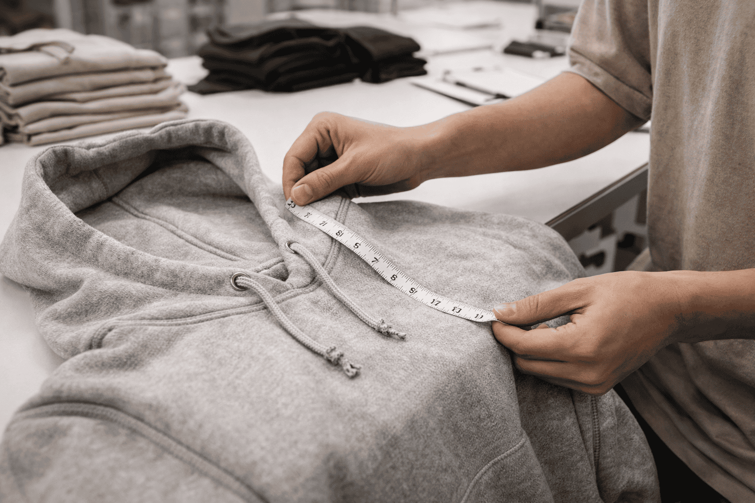 Clothing quality control inspection checking stitching and measurements of hoodie