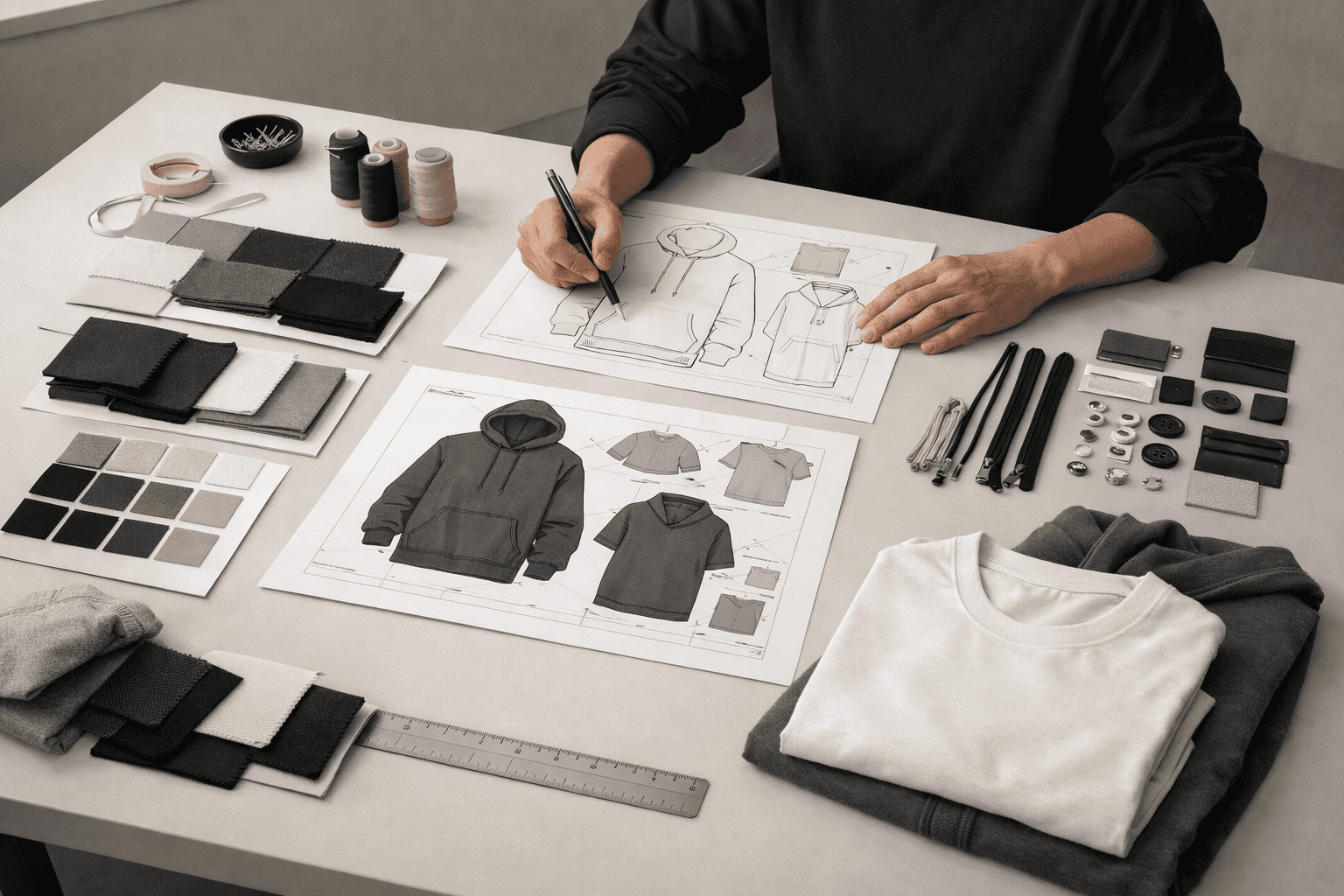 Streetwear design and sample development process with tech pack, fabric swatches and trims