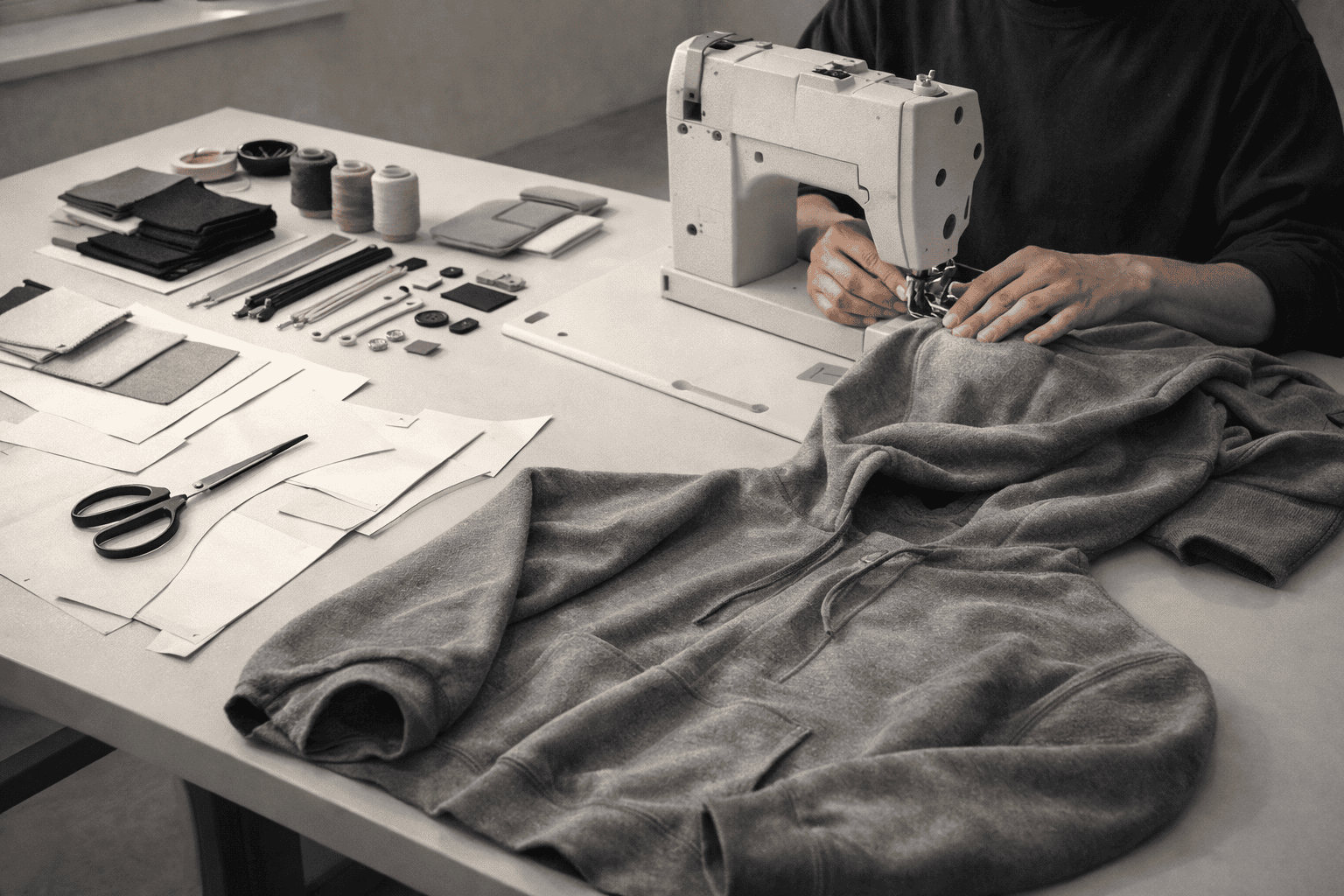 Garment sample development process sewing hoodie in workshop