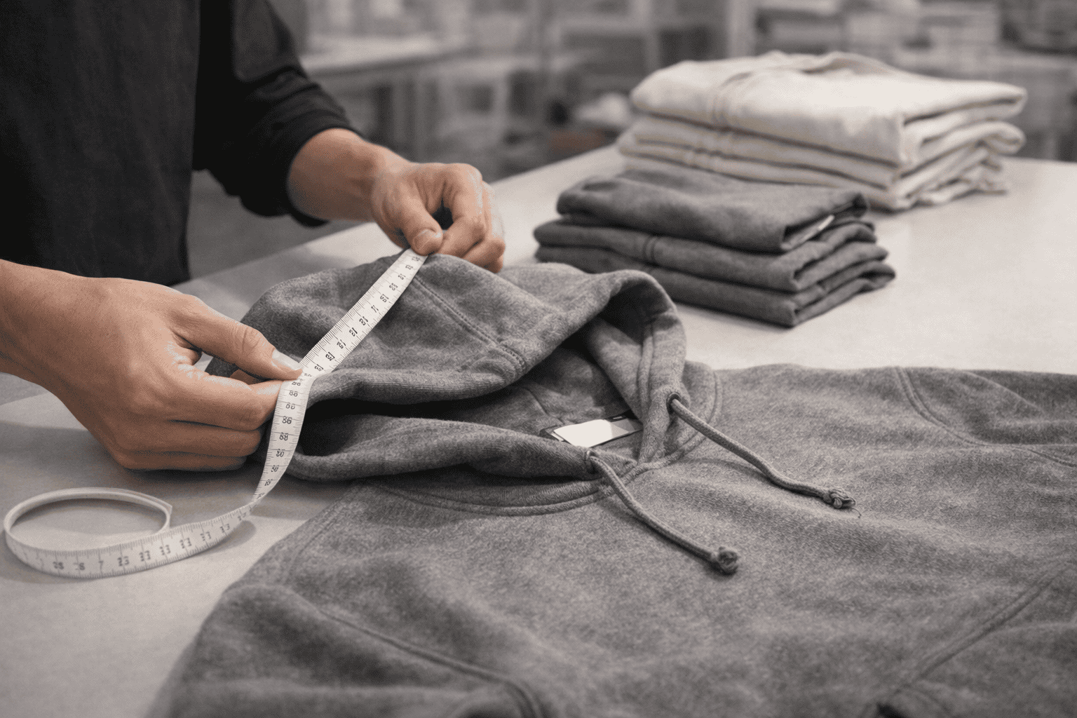Clothing quality control inspection checking hoodie stitching and measurements