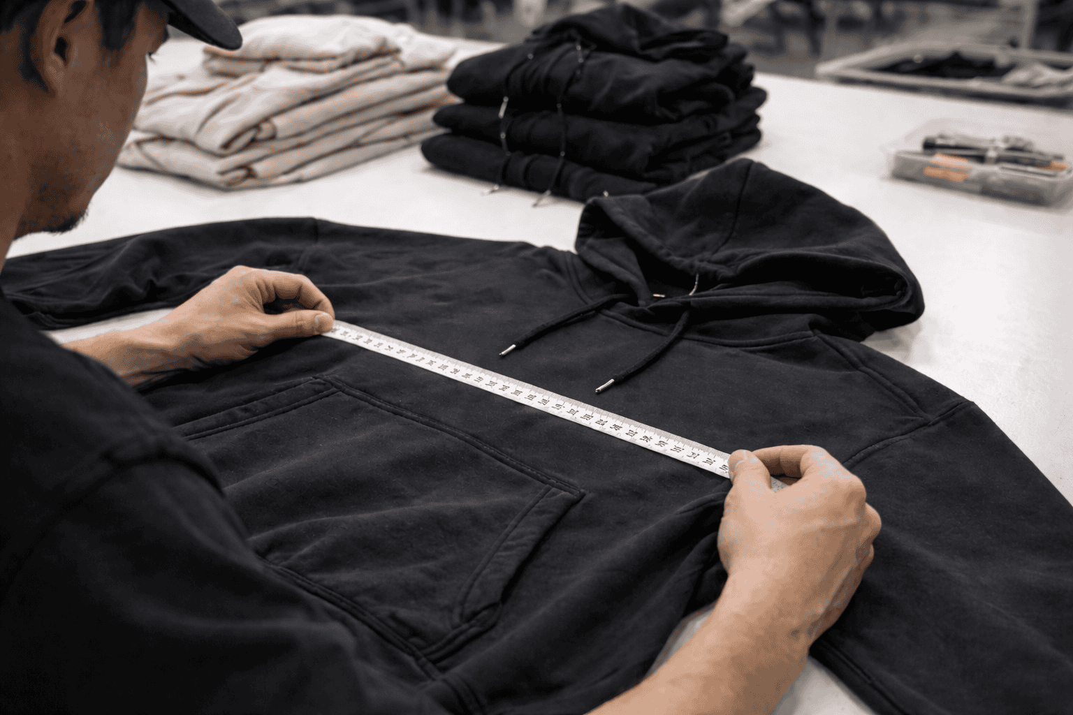 Clothing quality control inspection process in a modern factory, worker checking hoodie stitching and measurements, close-up fabric texture, clean workshop, ultra realistic, high detail --ar 16:9 --style raw --v 6