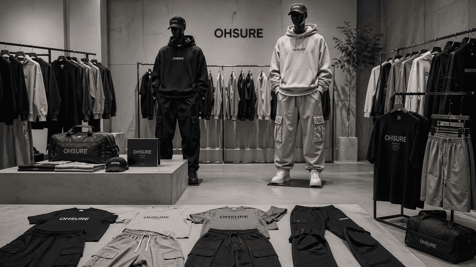 Modern streetwear clothing collection displayed in a minimalist showroom, oversized hoodies, graphic t-shirts, jackets, cargo pants and matching sets, neutral tones, premium brand atmosphere, soft lighting, ultra realistic --ar 16:9 --style raw --v 6