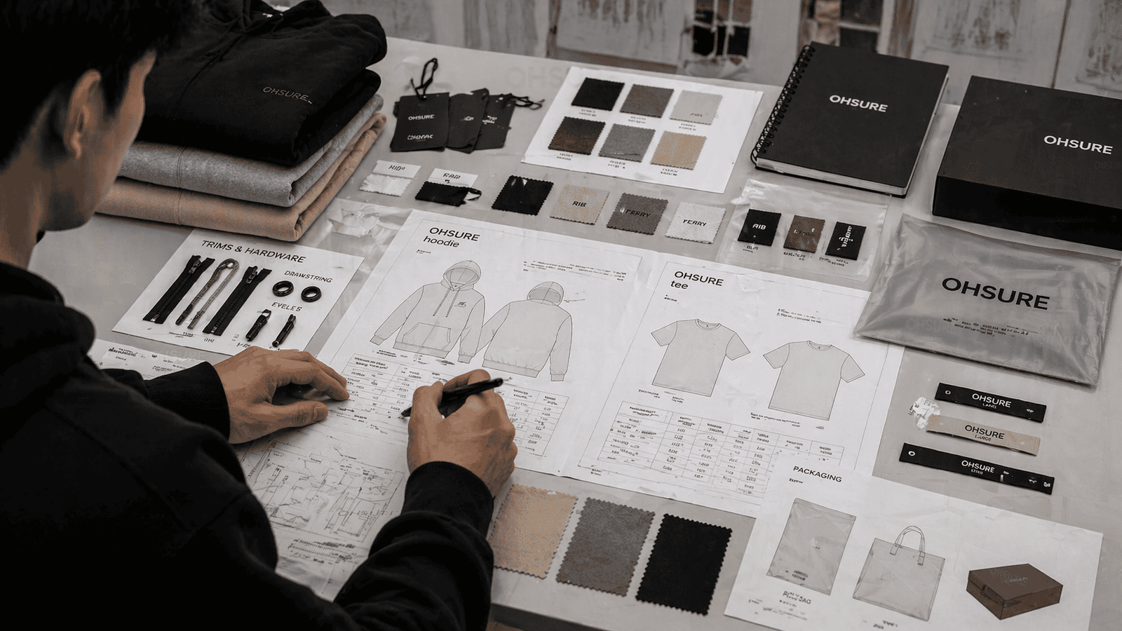 Streetwear clothing sample development process, designer reviewing hoodie tech pack, fabric swatches, trims, labels on table, modern studio, soft lighting, ultra realistic, high detail --ar 16:9 --style raw --v 6