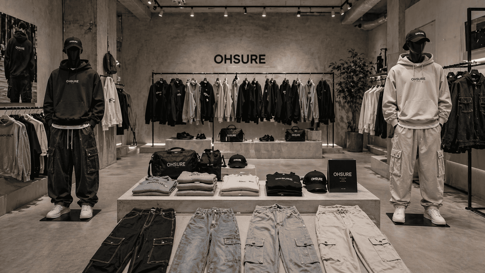 Modern streetwear clothing collection displayed in a minimalist showroom, oversized hoodies, graphic t-shirts, jackets, cargo pants and matching sets, neutral tones, premium brand atmosphere, soft lighting, ultra realistic, subtle OHSURE branding --ar 16:9 --style raw --v 6
