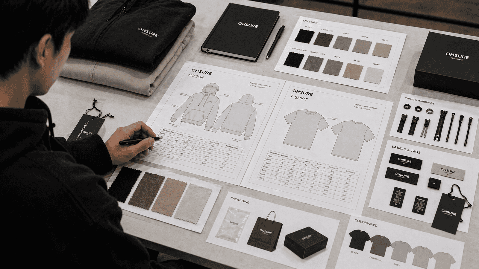 Streetwear clothing sample development process, designer reviewing hoodie tech pack with fabric swatches, trims, labels and sketches on table, modern studio, neutral tones, soft lighting, ultra realistic, subtle OHSURE branding --ar 16:9 --style raw --v 6