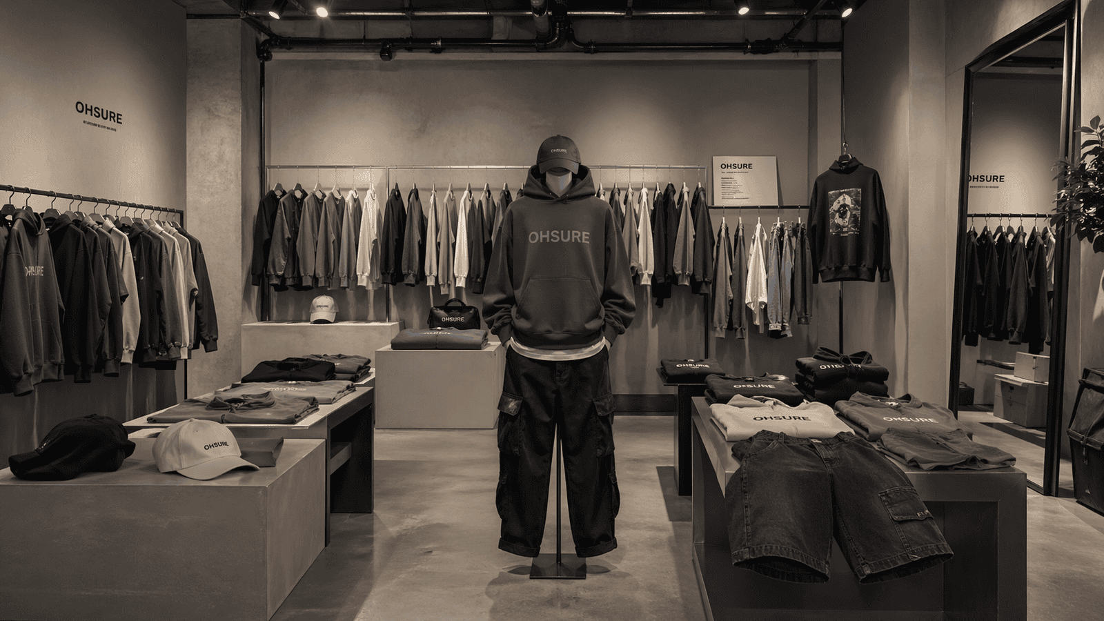 Modern streetwear clothing collection displayed in a minimalist showroom, oversized hoodies, graphic t-shirts, jackets, cargo pants and matching sets, neutral tones, premium brand atmosphere, soft lighting, ultra realistic, subtle OHSURE branding --ar 16:9 --style raw --v 6