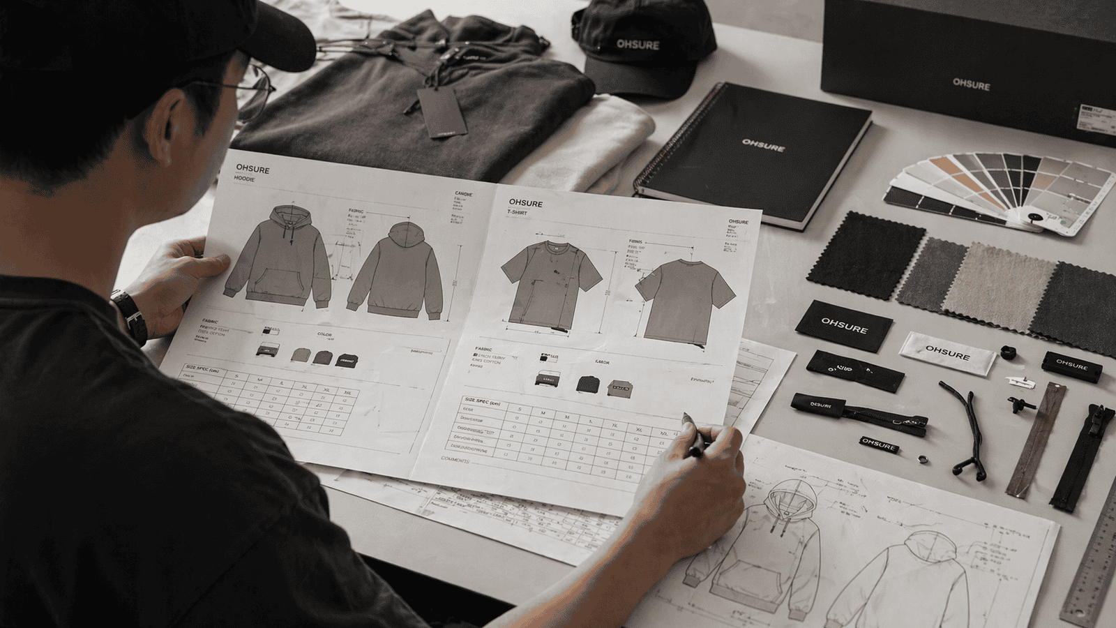 Streetwear clothing sample development process, designer reviewing hoodie tech pack with fabric swatches, trims, labels and sketches on table, modern studio, neutral tones, soft lighting, ultra realistic, subtle OHSURE branding --ar 16:9 --style raw --v 6