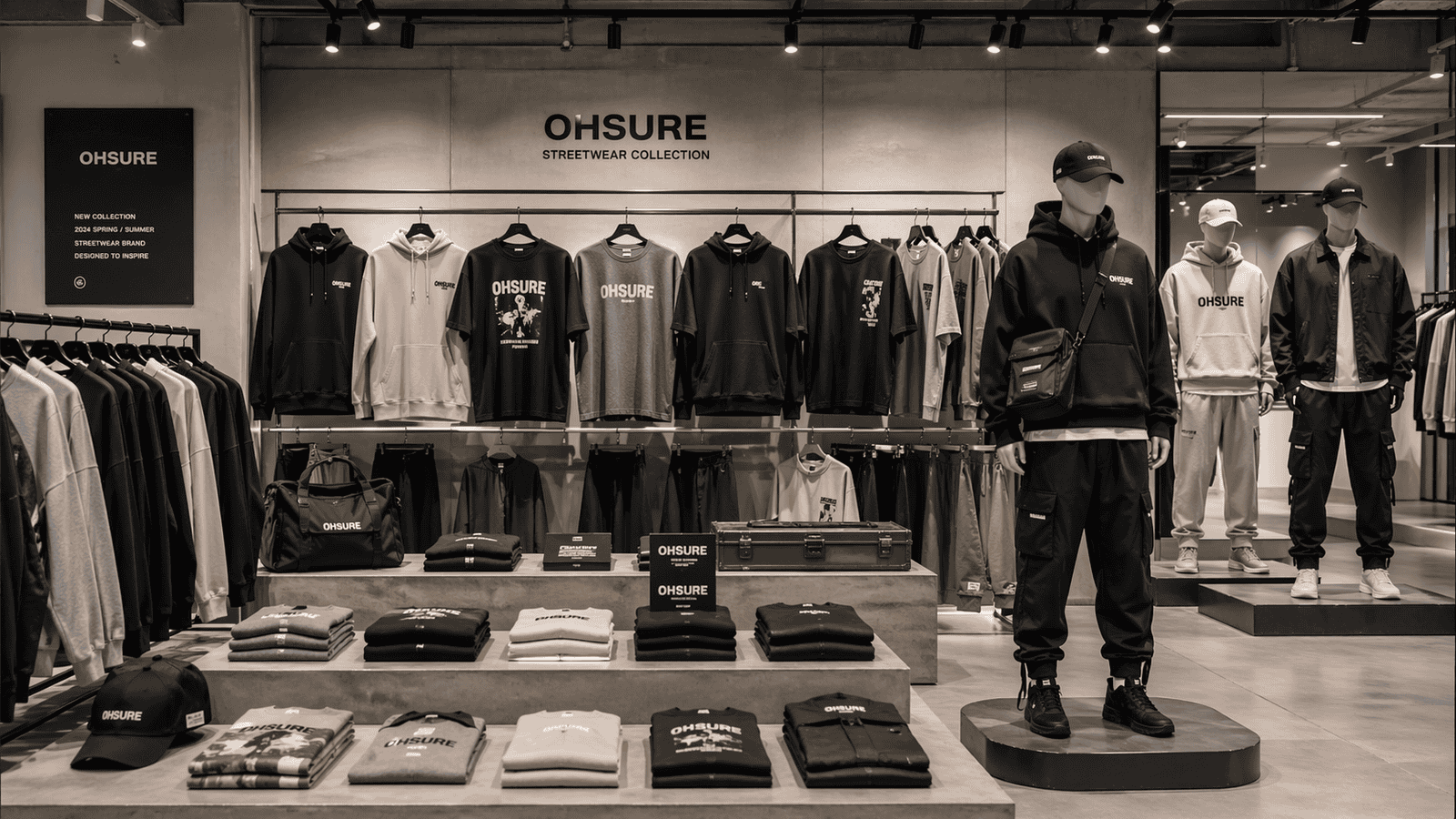 Modern streetwear clothing collection displayed in a minimalist showroom, oversized hoodies, graphic t-shirts, jackets, cargo pants and matching sets, neutral tones, premium brand atmosphere, soft lighting, ultra realistic, subtle OHSURE branding --ar 16:9 --style raw --v 6