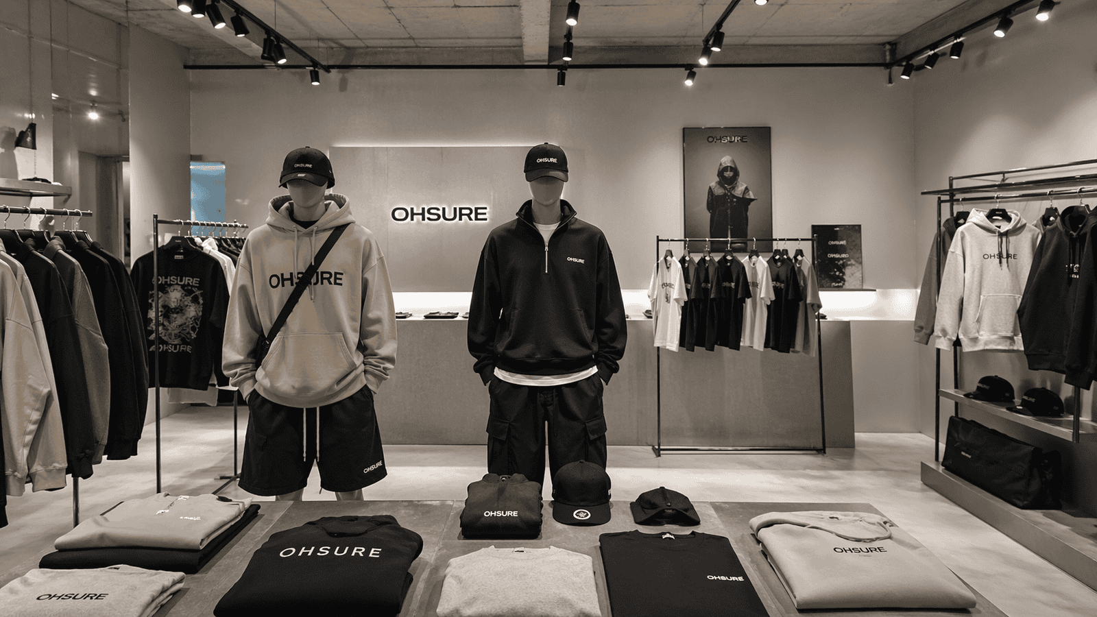 Streetwear clothing collection displayed in minimalist showroom, oversized hoodies, t-shirts, sweatshirts, jackets and cargo pants on racks, neutral tones, premium brand atmosphere, soft lighting, ultra realistic --ar 16:9 --style raw --v 6