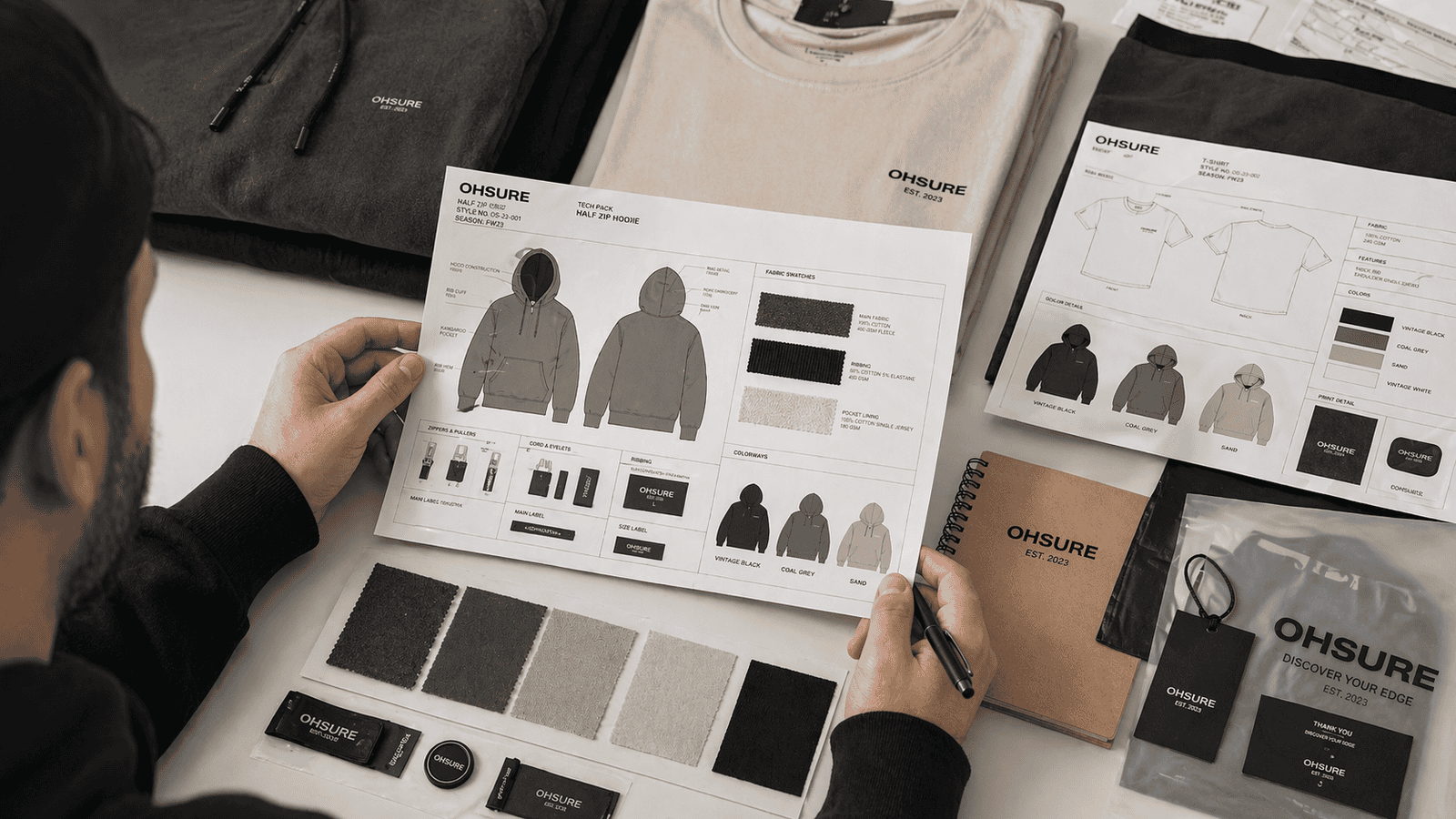 Streetwear clothing sample development process, designer reviewing tech pack with fabric swatches, trims and labels on clean table, modern studio, neutral tones, ultra realistic --ar 16:9 --style raw --v 6