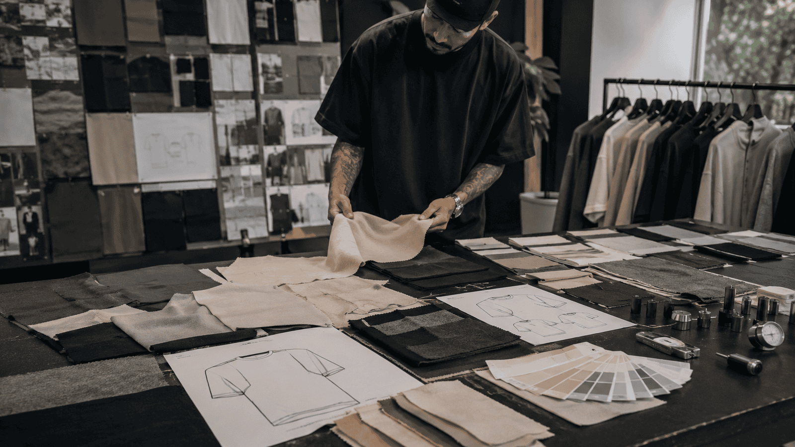 Heavyweight cotton fabric swatches for oversized streetwear t-shirt production