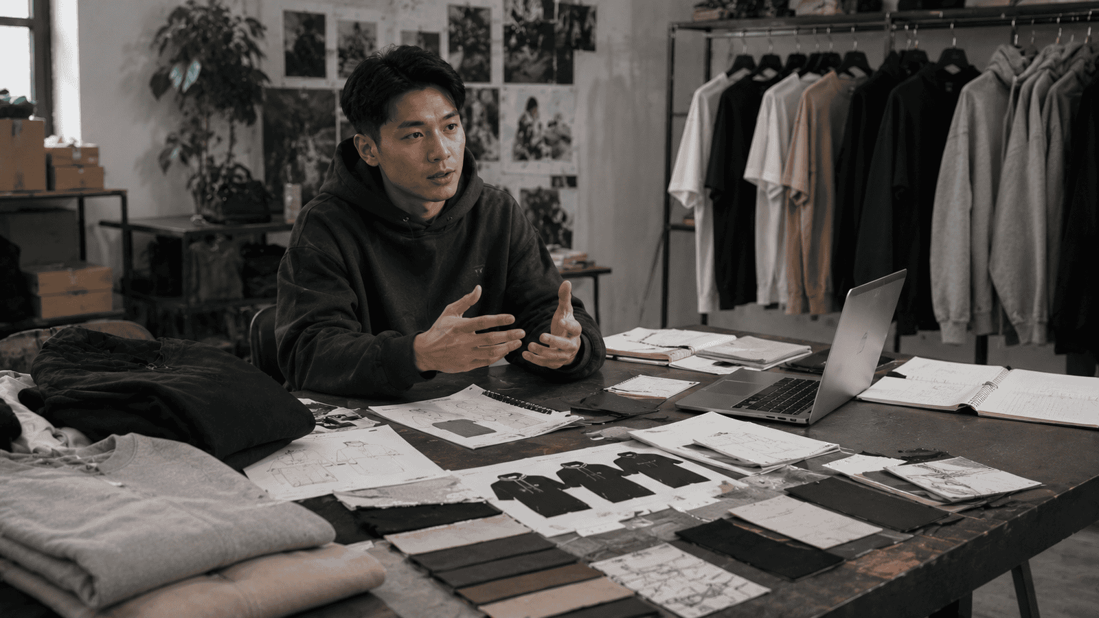 Modern streetwear startup brand working with apparel manufacturer, hoodies and t-shirt samples on desk, tech packs and fabric swatches visible, creative fashion workspace with laptop and branding materials, realistic startup clothing development atmosphere, ultra realistic, high detail, no text