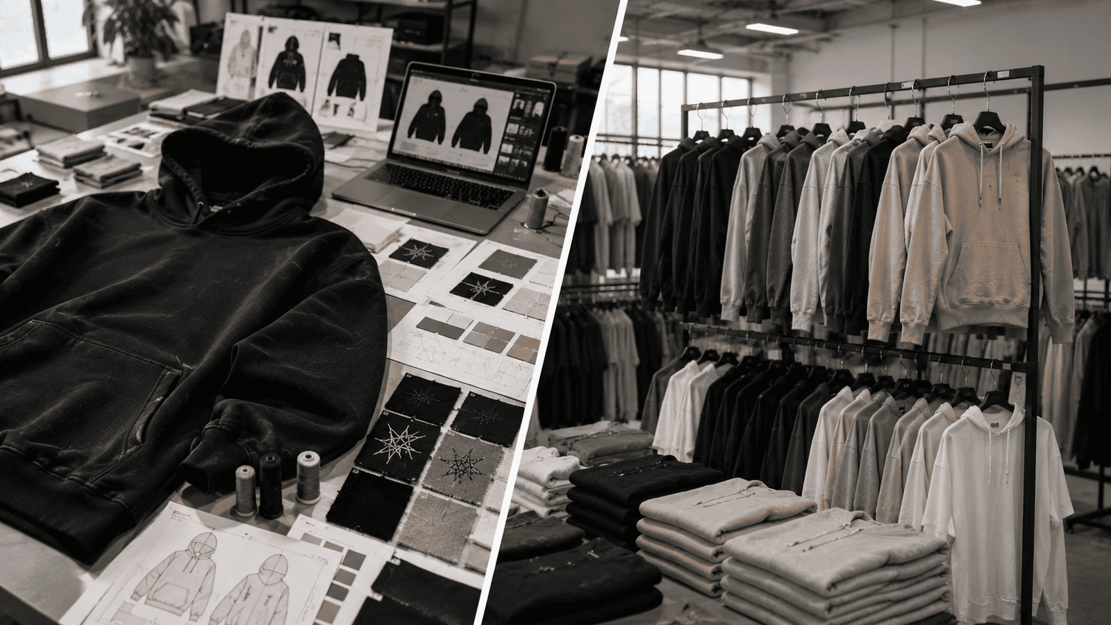 Comparison between custom streetwear manufacturing and wholesale apparel sourcing, split scene showing custom hoodie development with tech packs on one side and ready-made wholesale clothing racks on the other, modern fashion business concept, ultra realistic, high detail, no text