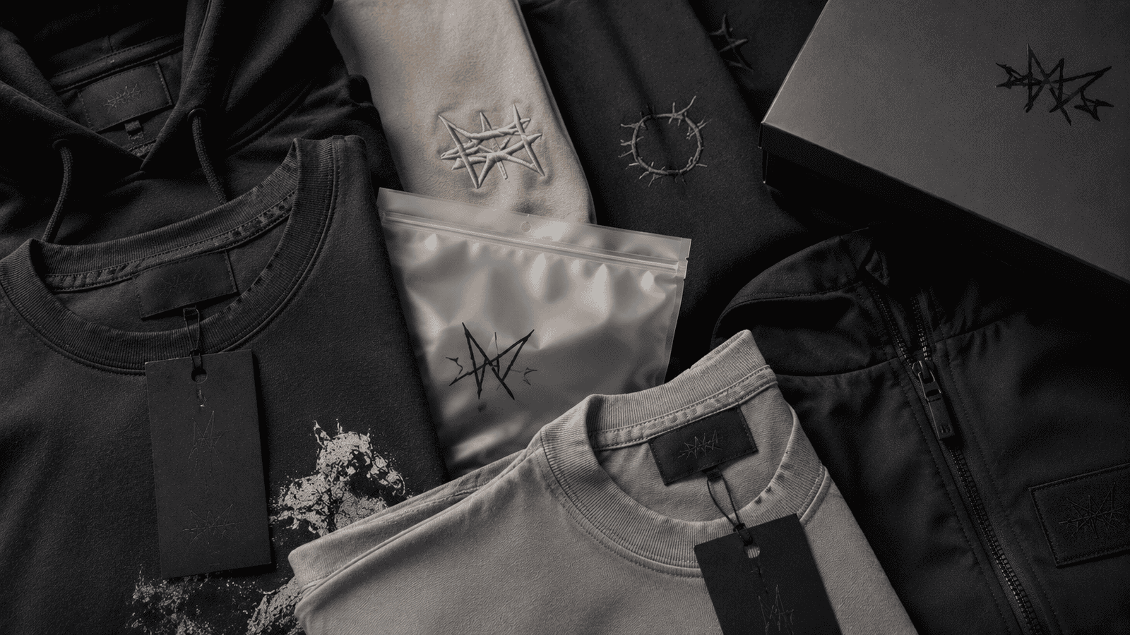 Close-up of streetwear private label branding details including woven labels, puff print logos, embroidery, custom hang tags and premium packaging, detailed fabric texture visible, professional apparel branding concept, ultra realistic, high detail