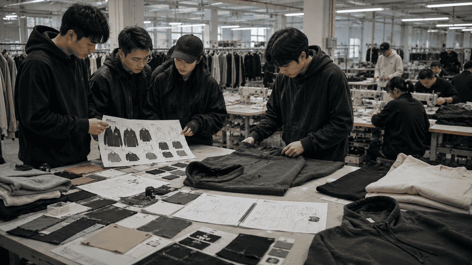 Modern streetwear manufacturing facility in China with oversized hoodies, graphic t-shirts, fabric sourcing and OEM apparel production