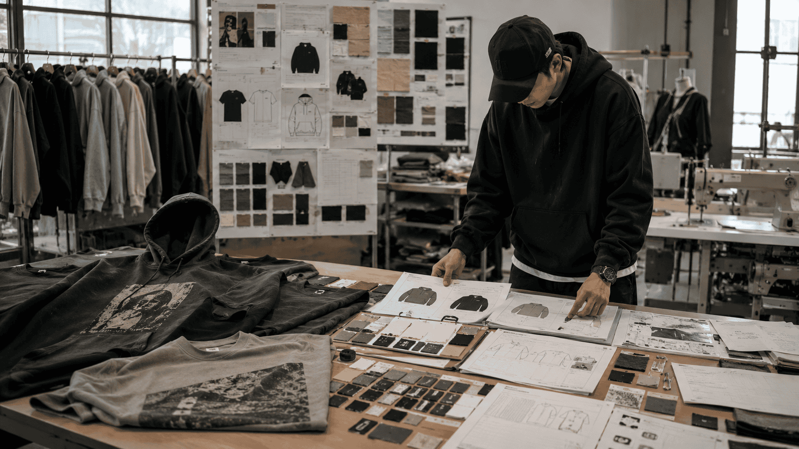 Designer reviewing oversized hoodie tech pack, fabric swatches, labels and trims during OEM streetwear sample development
