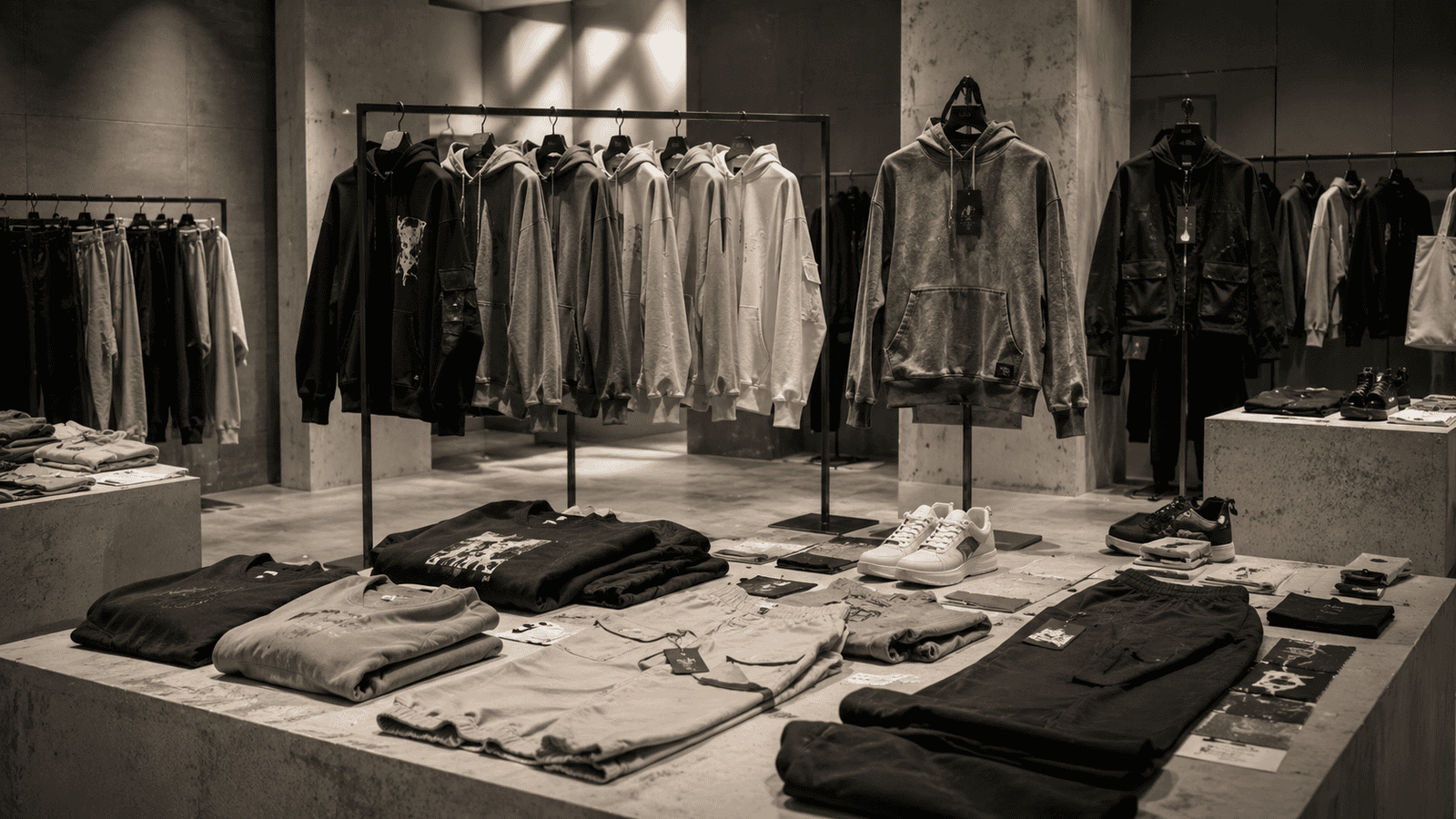 Modern oversized streetwear collection displayed in minimalist showroom with hoodies, graphic t-shirts, cargo pants and jackets