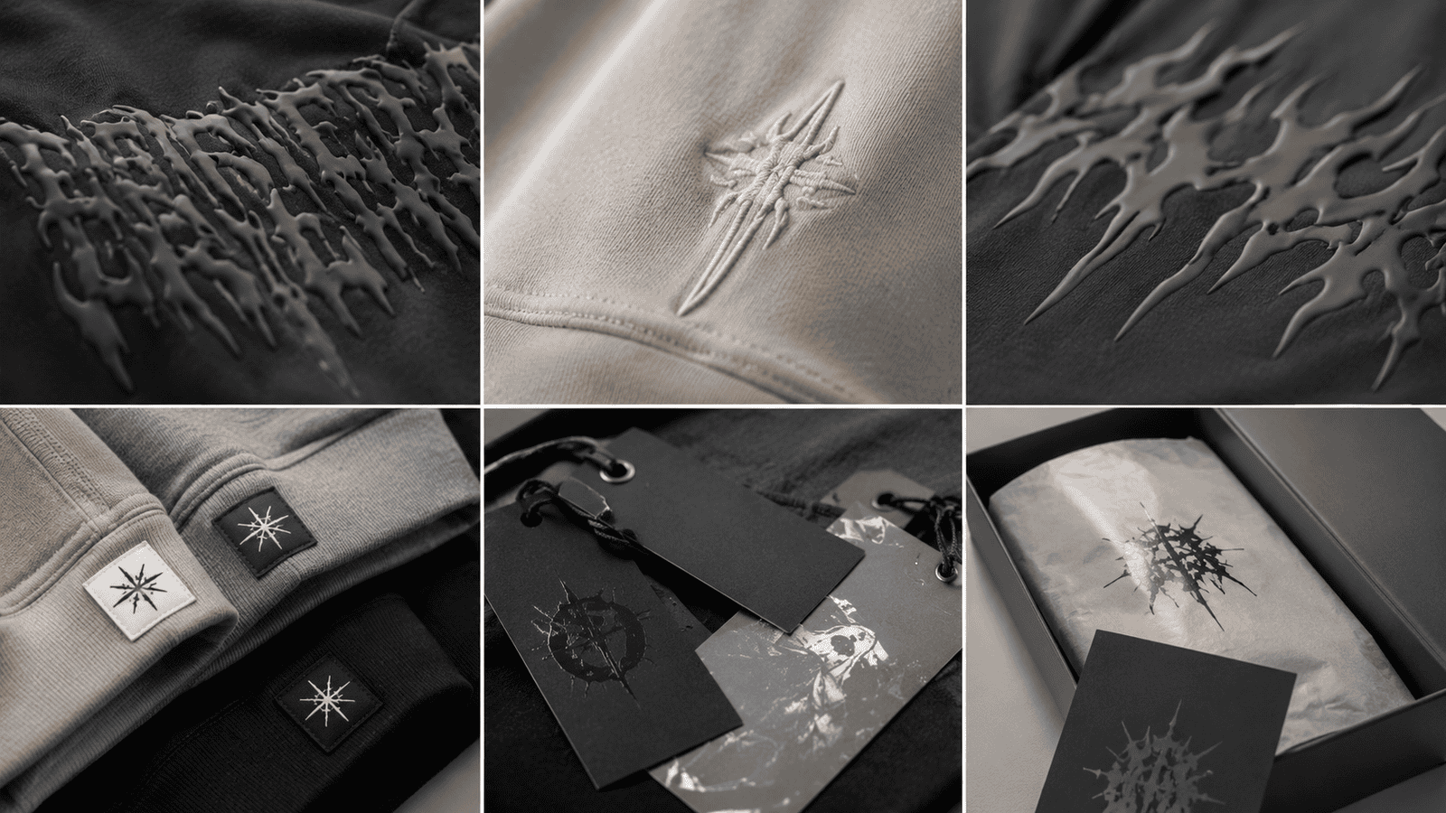 Custom streetwear manufacturing details including puff print embroidery woven labels and heavyweight fabric