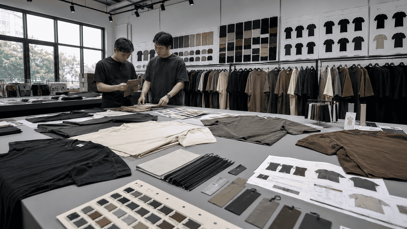 Premium Blank Streetwear T-Shirt Development Showroom Featuring Oversized Heavyweight T-Shirts, Fabric Swatches, GSM Comparison Boards, Tech Packs, Private Label Branding Samples, Product Development Tables, Modern Apparel Manufacturer In China, Bright Natural Daylight, Documentary Style Commercial Photography, No Logos, No Text, No Watermark