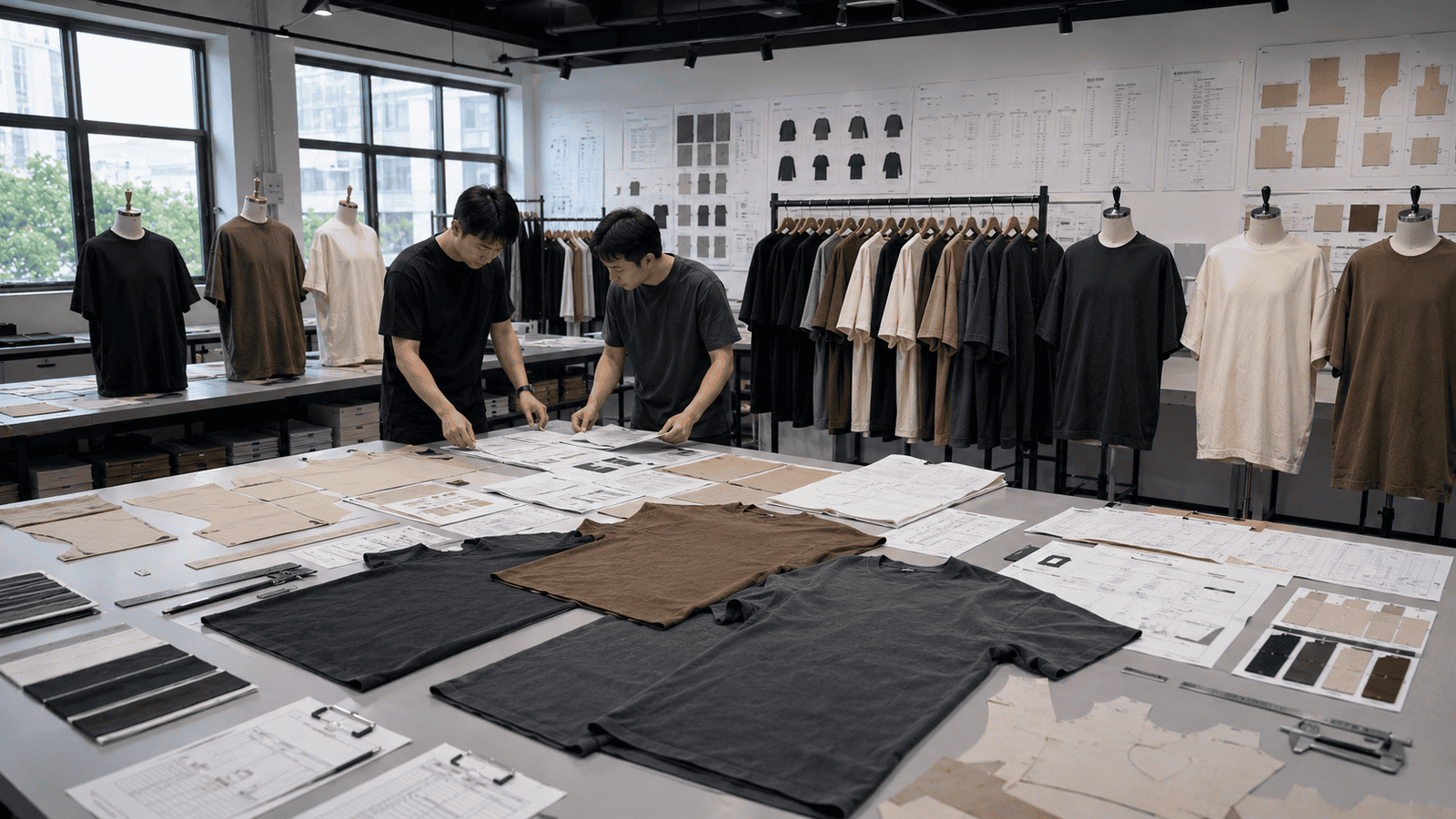 Complete Streetwear Collection Showroom Featuring Oversized Blank T-Shirts, Hoodies, Sweatshirts, Jackets, Shorts, Cargo Pants And Matching Streetwear Sets Displayed On Premium Garment Racks Inside Modern Apparel Manufacturer Showroom, Bright Natural Daylight, Documentary Style Commercial Photography, No Logos, No Text, No Watermark
