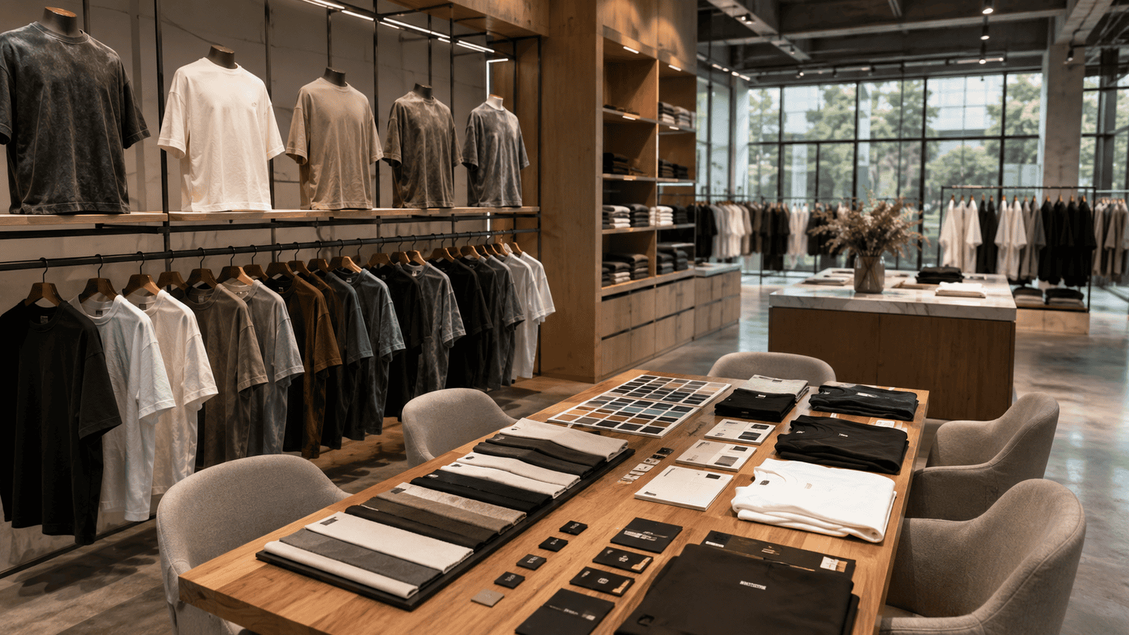 Wholesale Streetwear T Shirts Manufacturer showroom with heavyweight cotton oversized t-shirts, private label branding samples, premium fabric swatches and modern apparel sourcing workspace