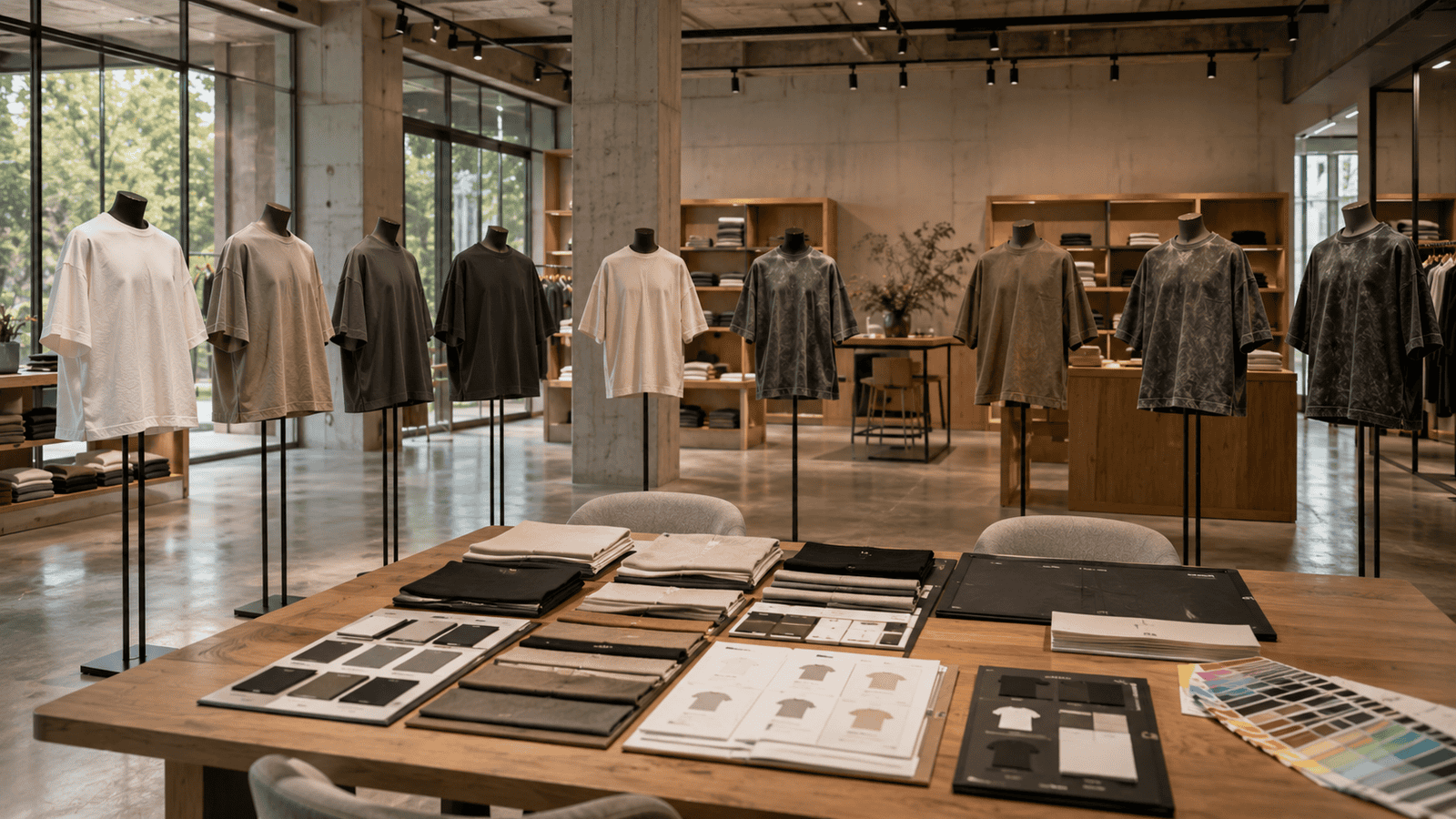 Premium oversized heavyweight streetwear t-shirt collection displayed in modern apparel showroom with different silhouettes and washes