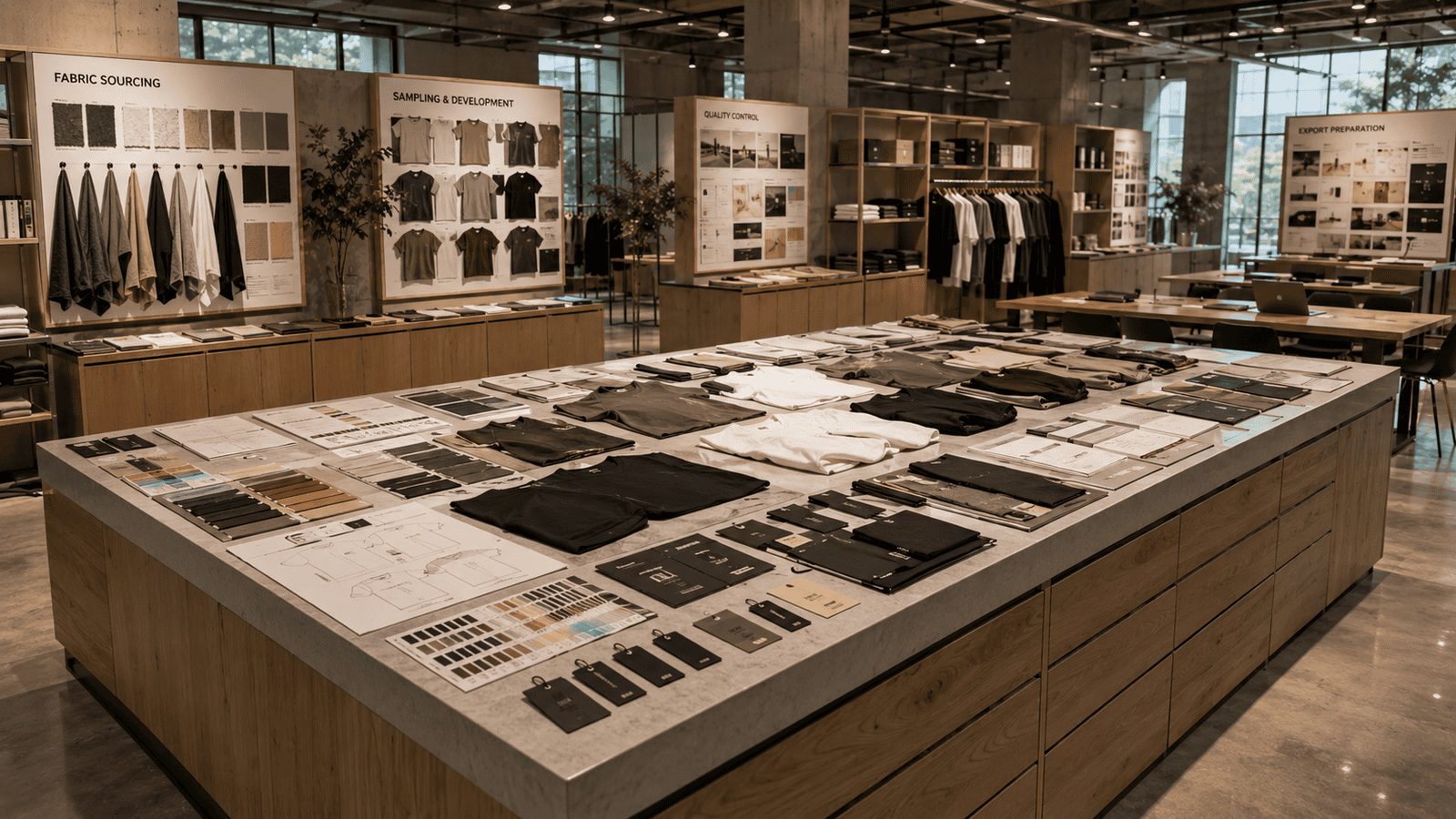 Garment production approval table showing fabric swatches, tech packs, private label branding samples and production workflow documents