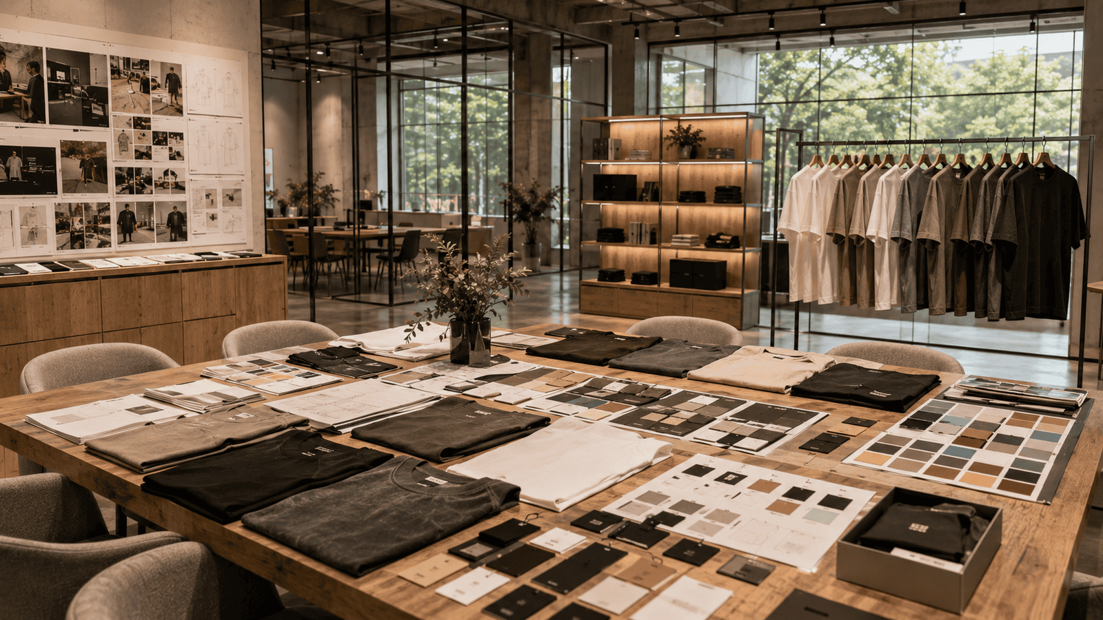 Startup streetwear apparel manufacturer consultation showroom with oversized heavyweight cotton t-shirts, fabric swatches, tech packs and private label branding samples