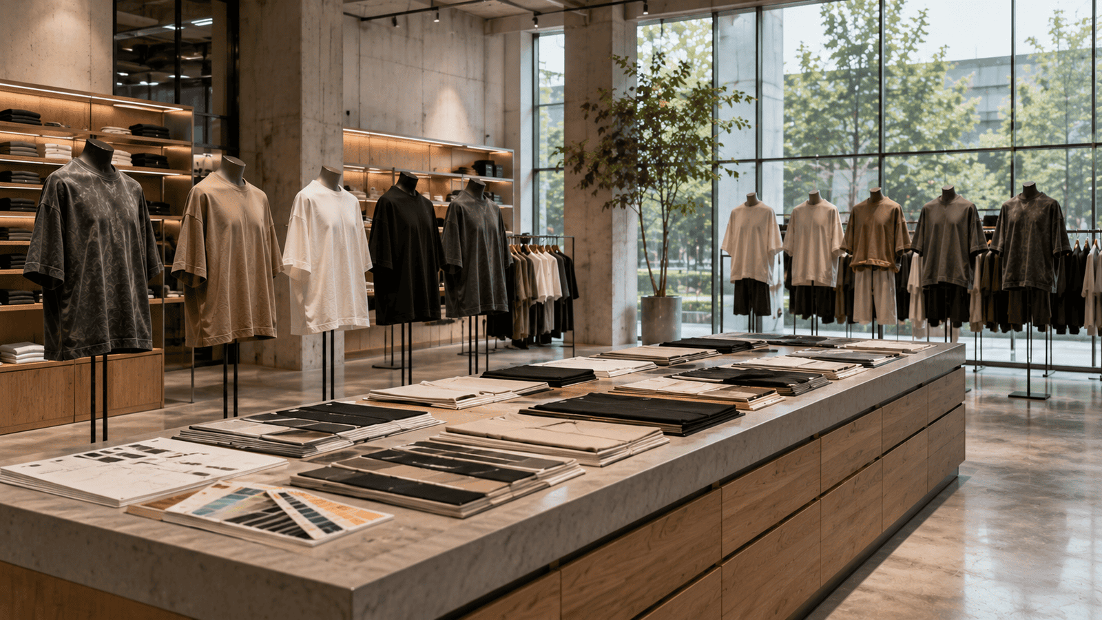 Oversized heavyweight streetwear t-shirt collection displayed on invisible mannequins with multiple fits and premium cotton fabrics