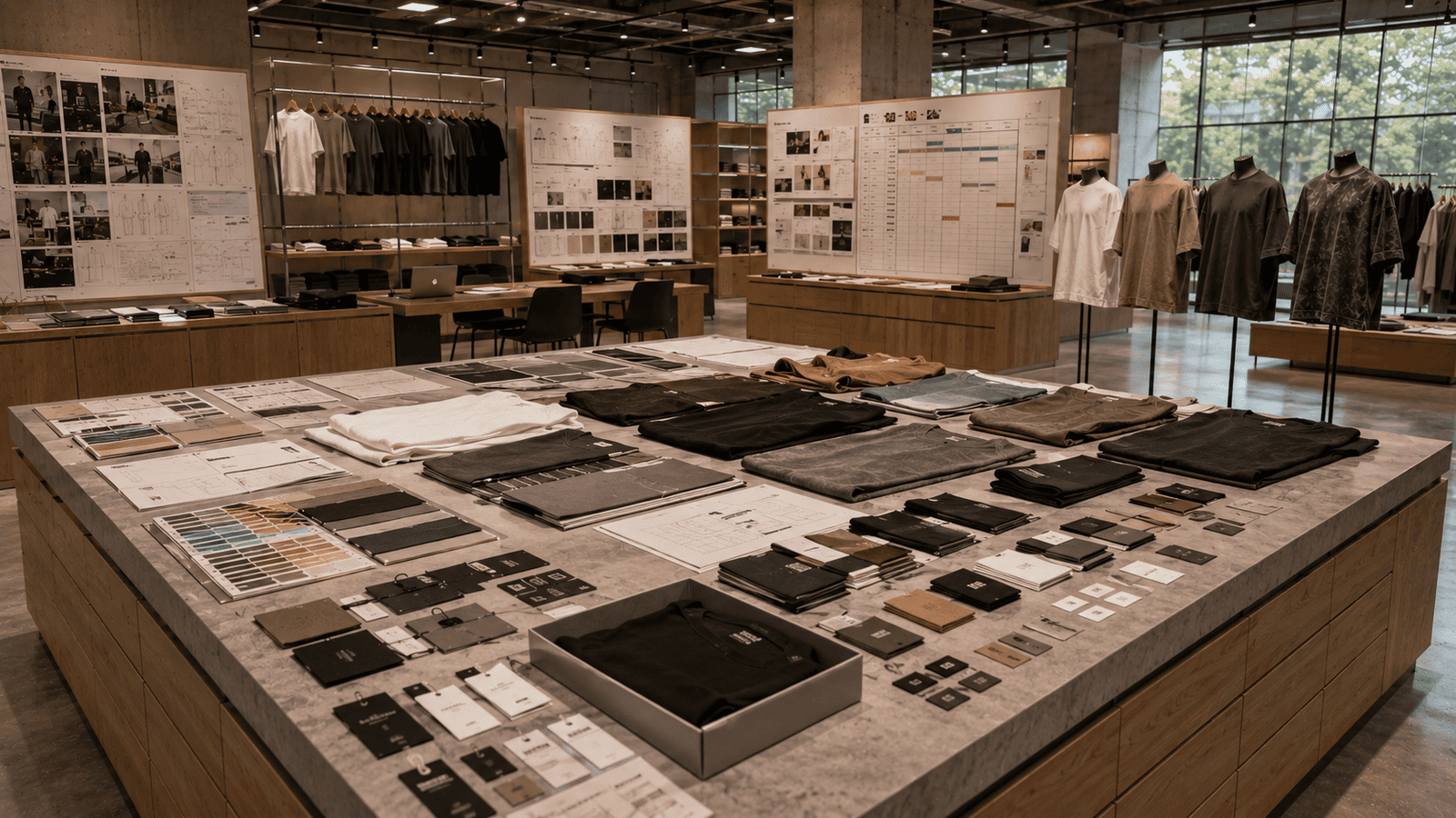 Professional apparel product development workspace with tech packs, approved samples, fabric libraries and private label branding materials