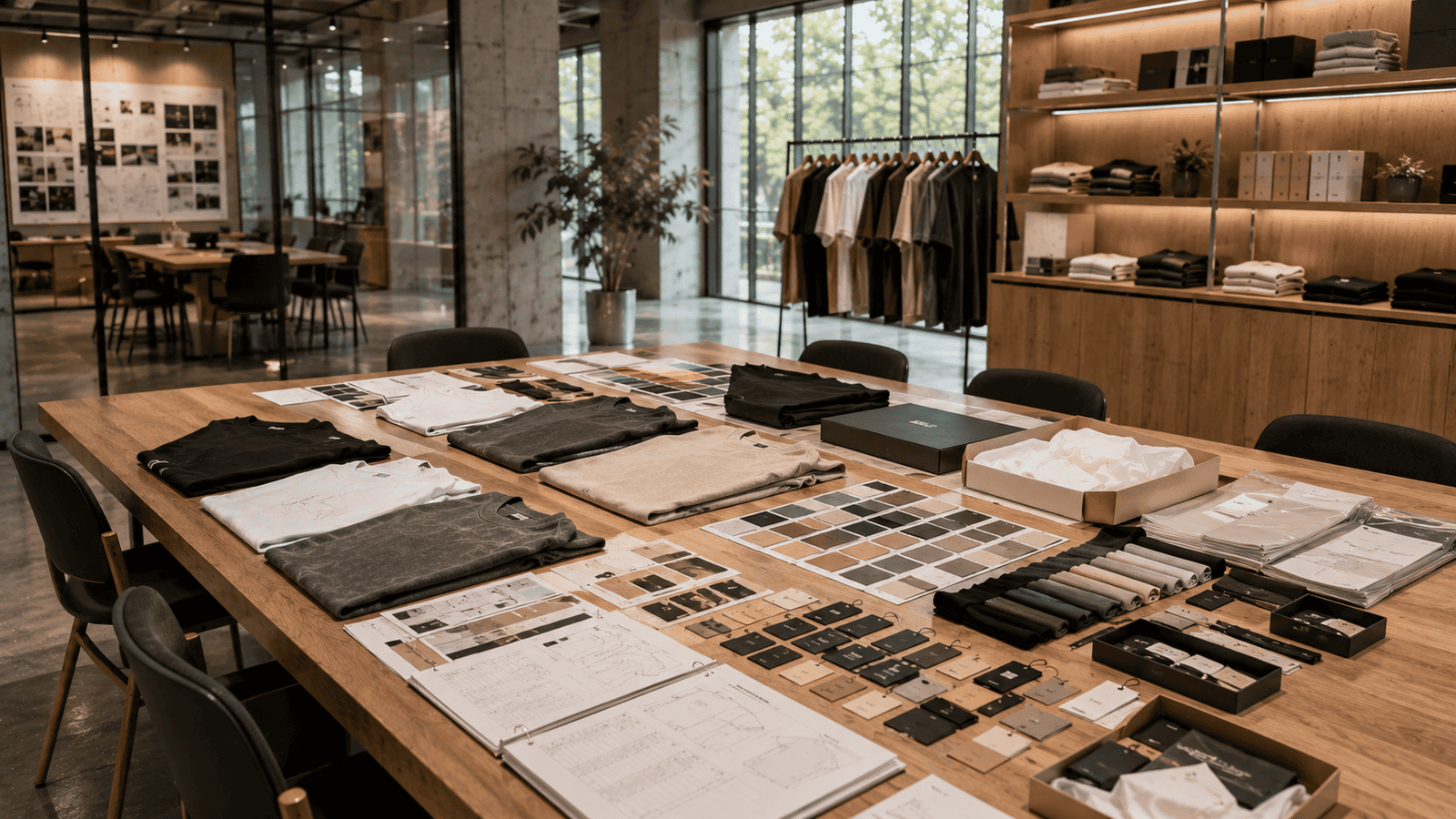 Startup streetwear manufacturer consultation workspace with oversized heavyweight cotton t-shirts, premium fabric swatches, OEM tech packs and private label branding materials