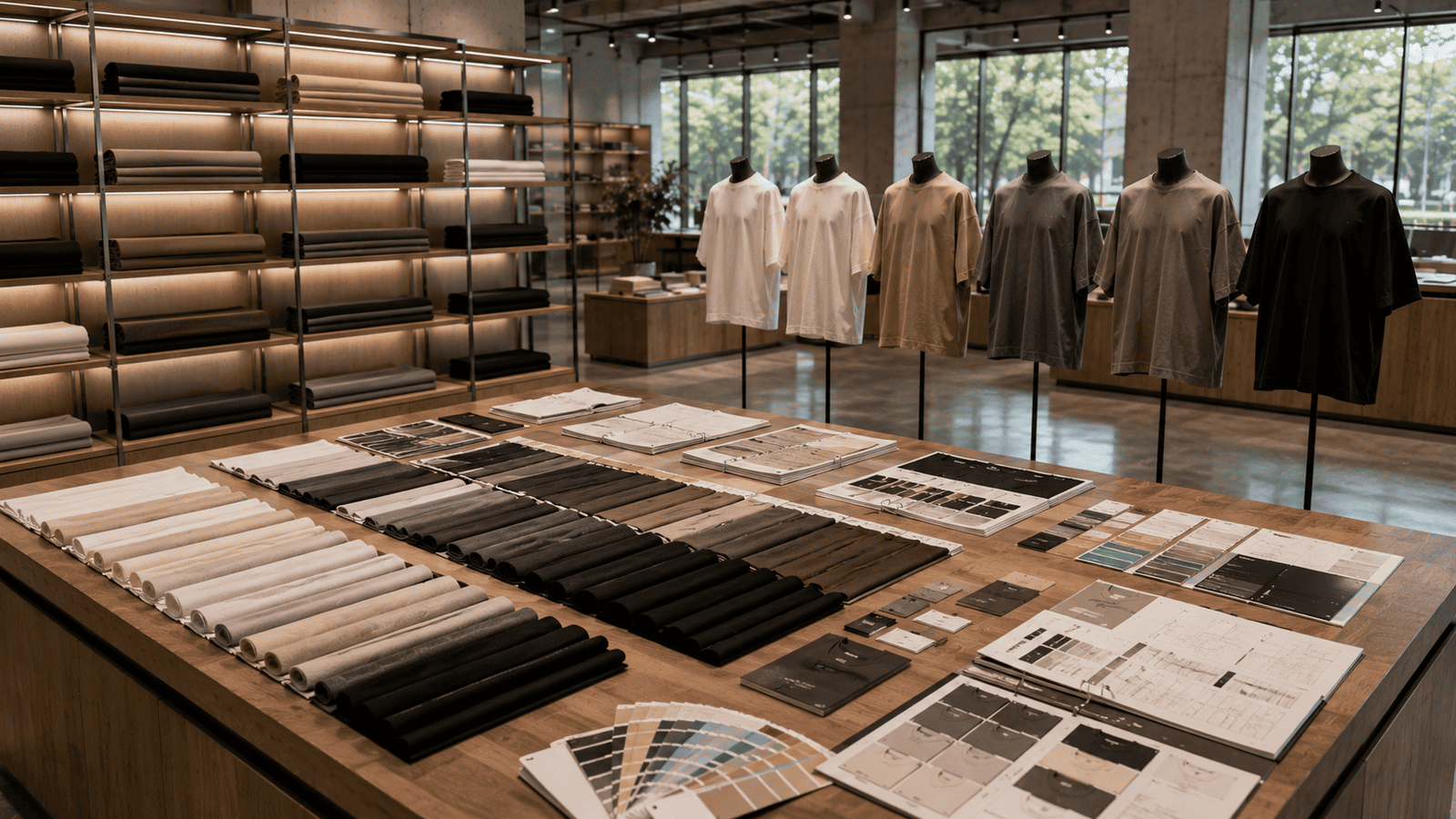 Heavyweight oversized cotton streetwear t-shirts displayed with premium fabric swatches and GSM comparison boards