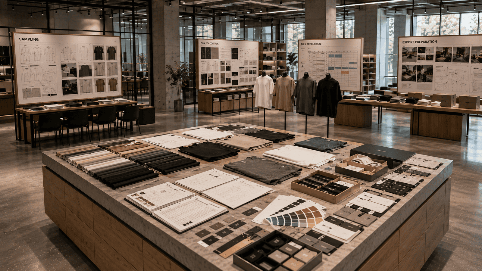 Apparel product development center showing tech packs, approved samples, quality reports and private label branding systems