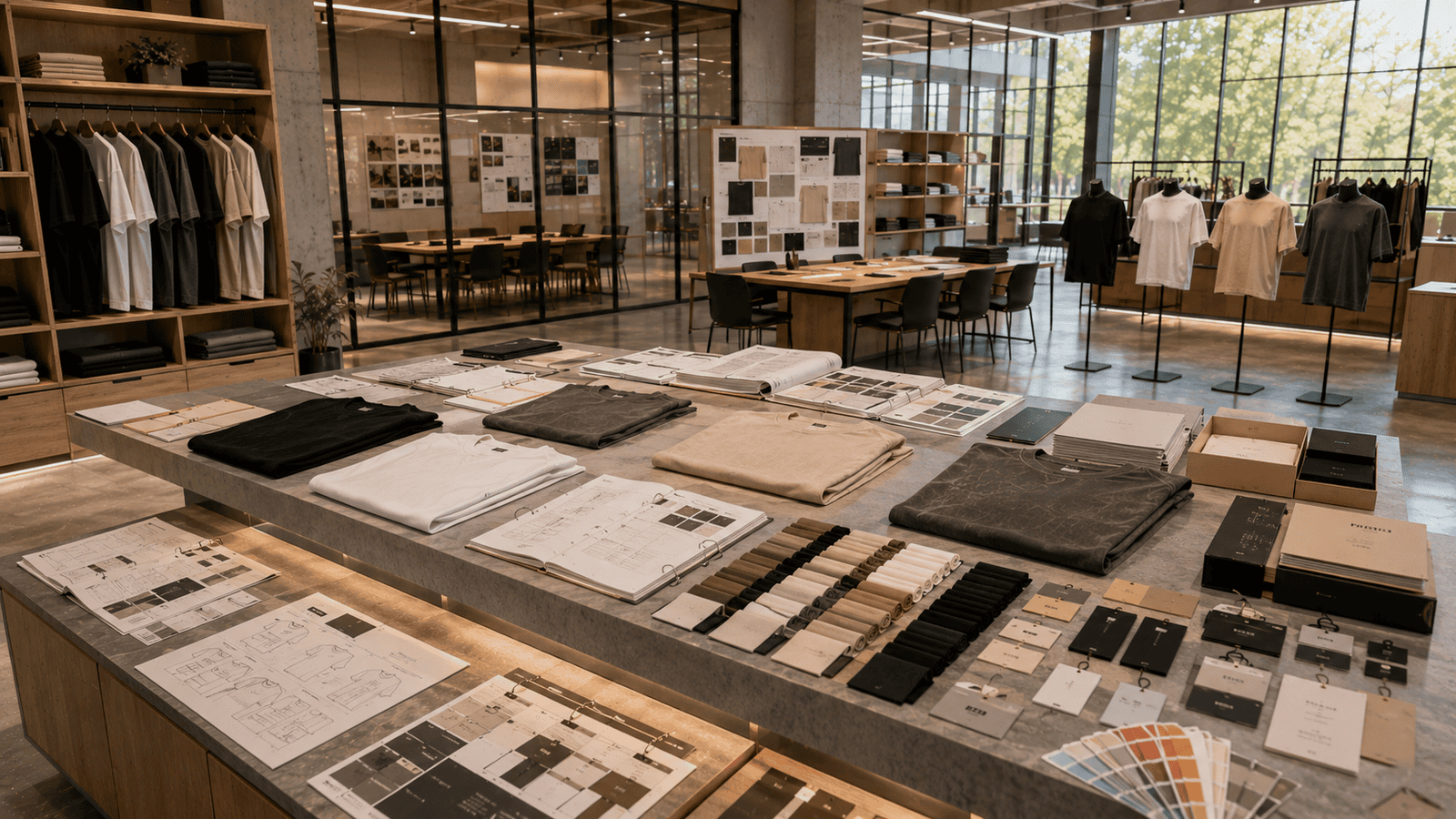 Custom startup streetwear manufacturer consultation studio with oversized heavyweight cotton t-shirts, premium fabric swatches, OEM tech packs and private label branding materials