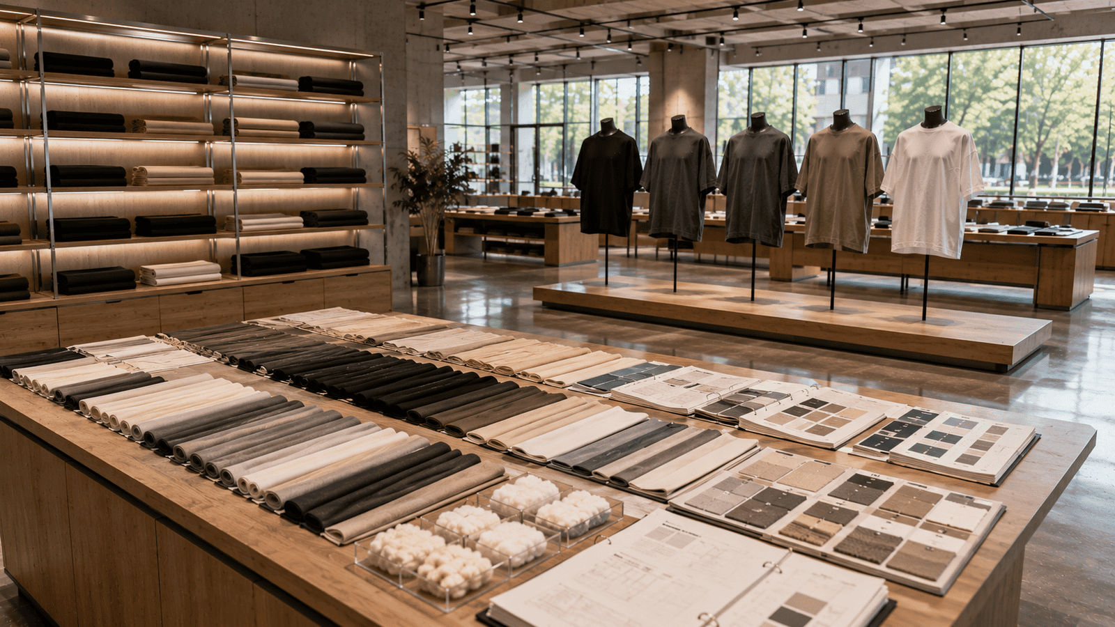 Premium heavyweight cotton fabric library with oversized streetwear t-shirt samples and GSM comparison display