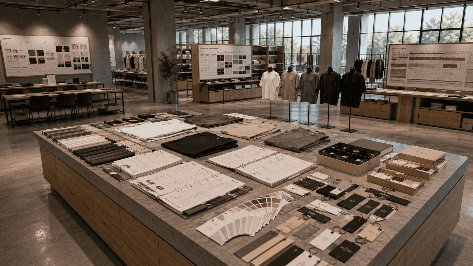 Apparel product development workspace displaying approved samples, tech packs, quality reports and private label branding materials