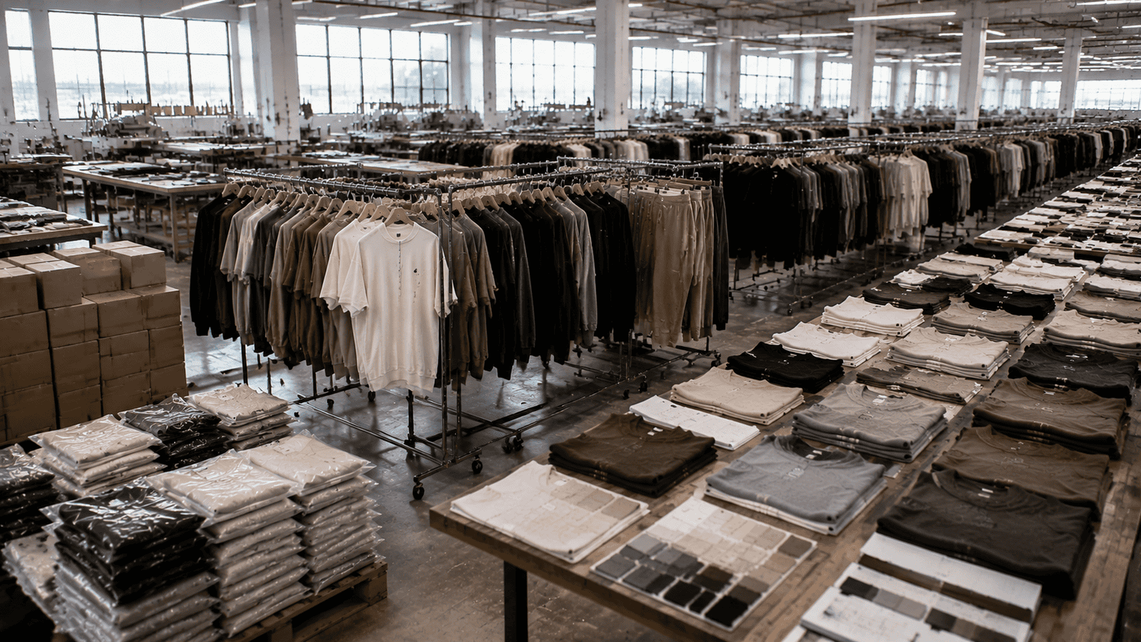 Organic cotton streetwear factory production and quality control inspection scene