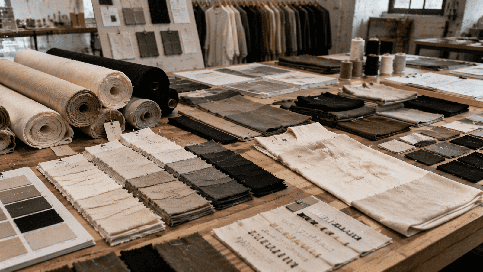 Fabric inspection and sustainable streetwear sampling table